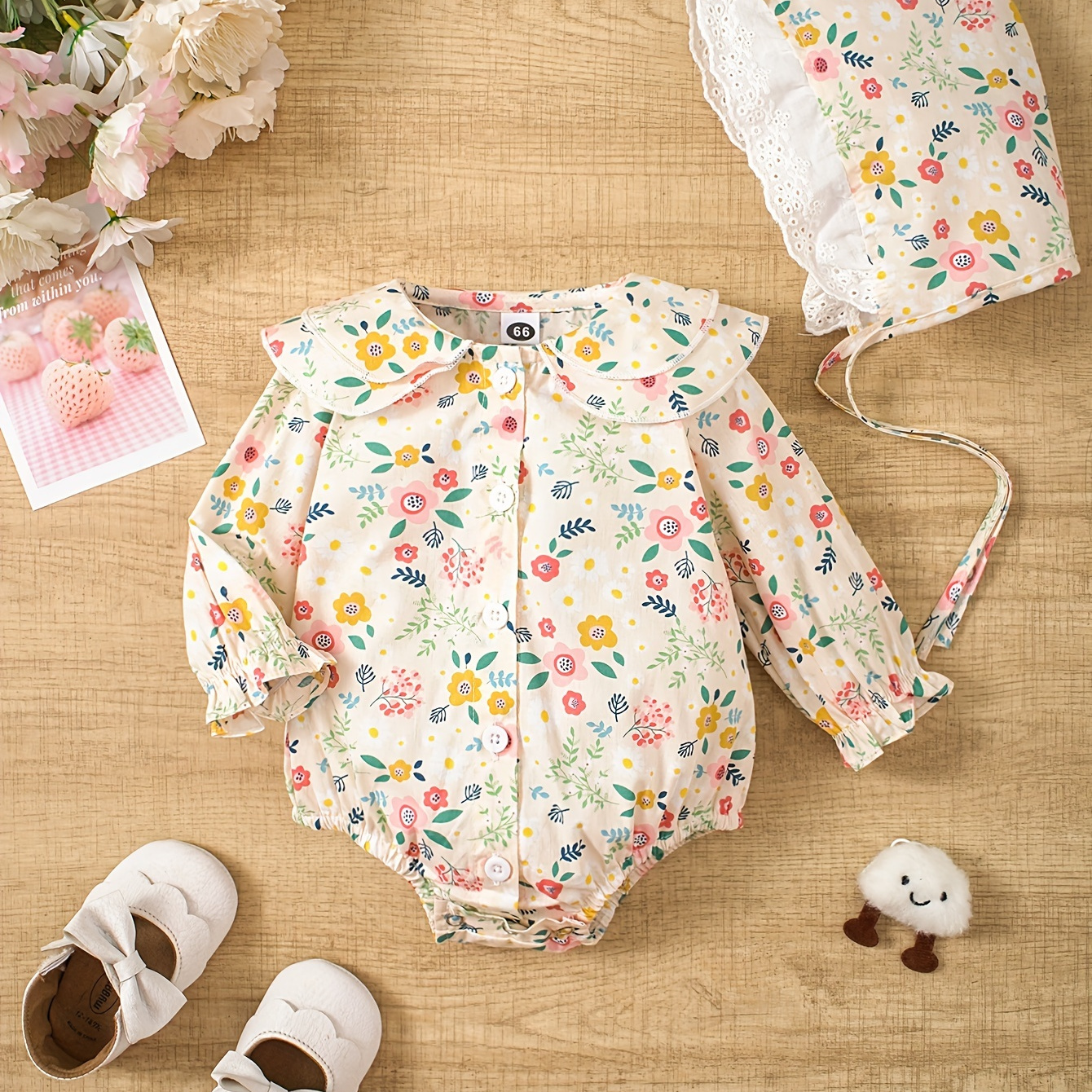 

Ensemble de barboteuse en coton à manches longues avec imprimé floral mignon pour bébés filles et chapeau décontracté