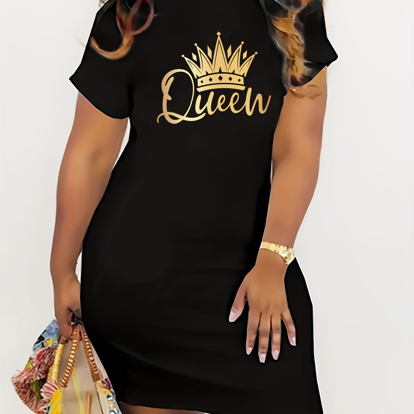 

Crown Print Crew Neck Dress, Casual Slim Fit Short Sleeve Dress For Spring & Summer, Women's Clothing