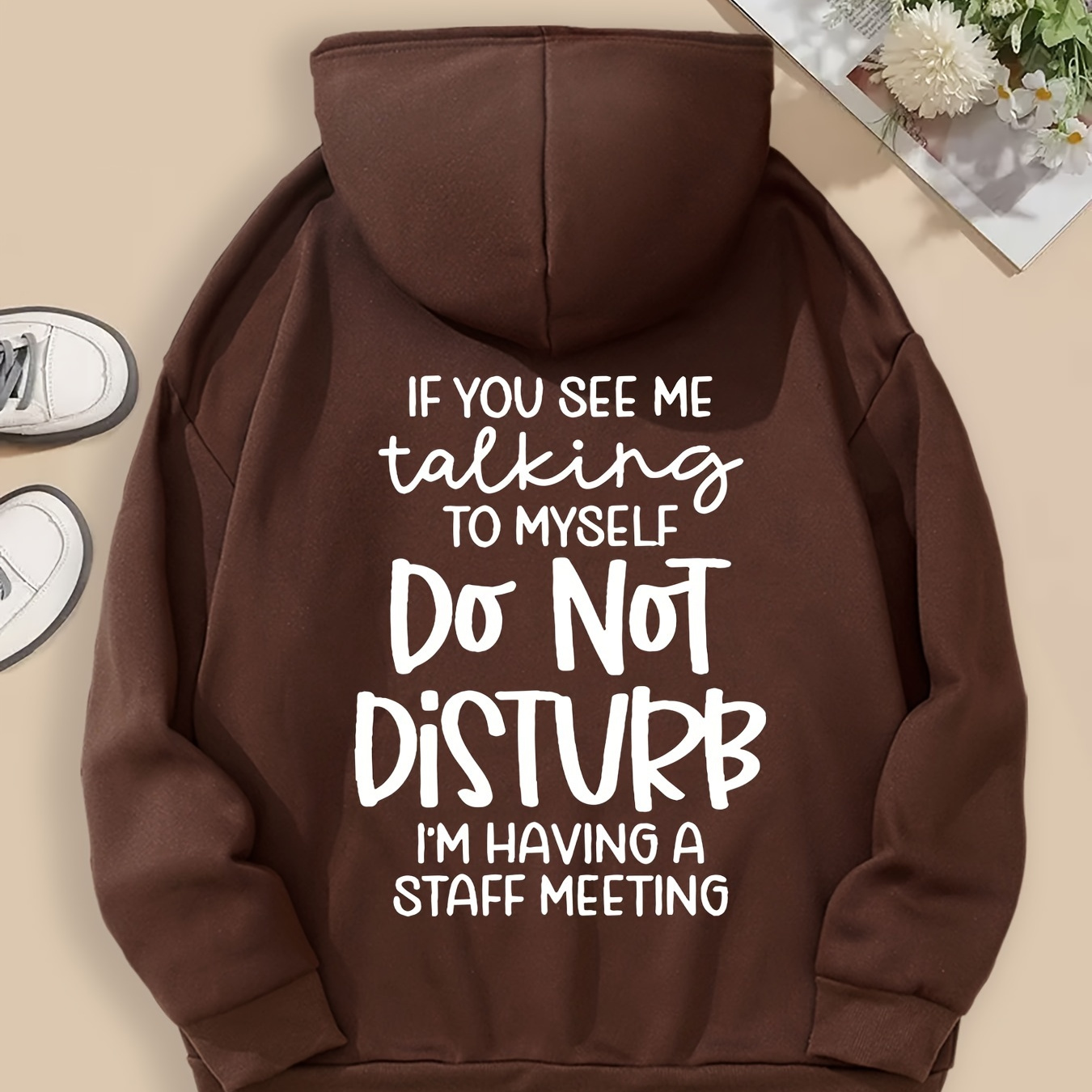 

Plus Size "do Not Disturb" Letter Print Hoodie - 100% Polyester Casual Oversized Hooded Sweatshirt With Pockets - Long Sleeve Pullover With Slight Stretch For Fall/winter