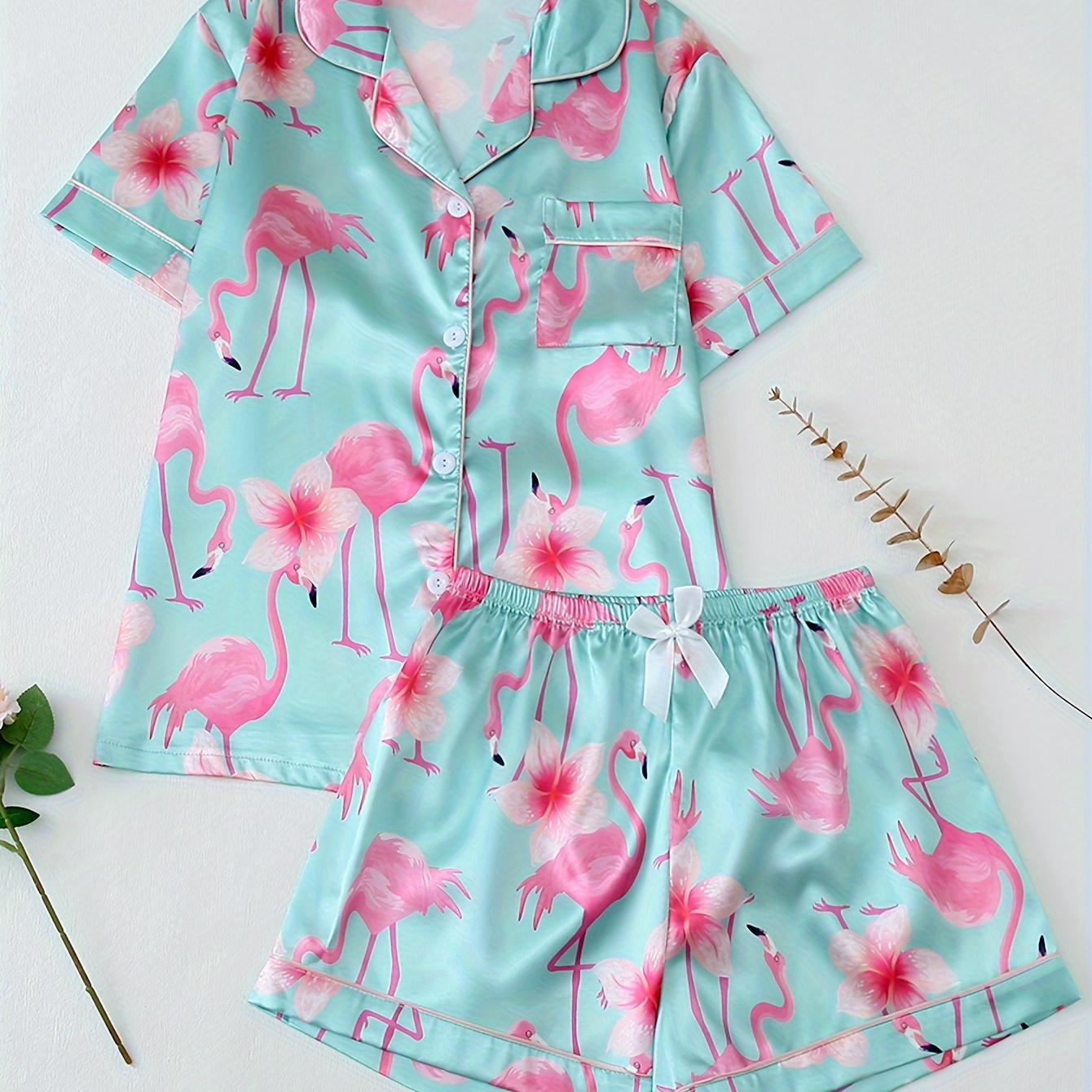 

Women's Flamingo & Floral Print Satin Elegant Pajama Set, Short Sleeve Buttons Lapel Top & Shorts, Comfortable Relaxed Fit