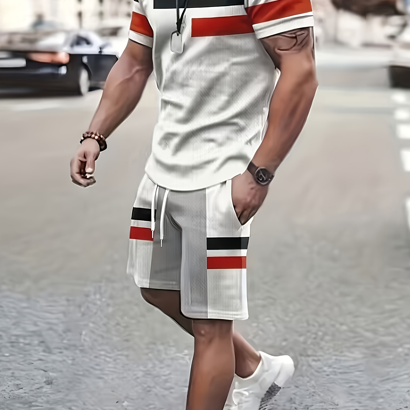 

Plus Size Men's Contrast Color Pattern Graphic Print T-shirt & Shorts Co Ord Set For Summer, 2pcs Outfits