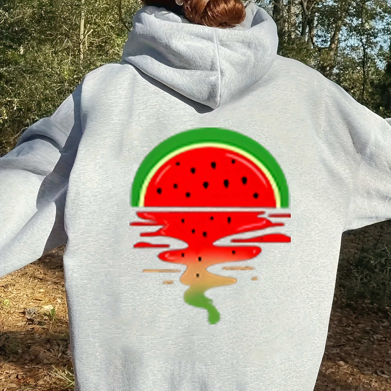 

Women's Watermelon Slice Print Hoodie, Long Sleeve, Crew Neck Sweatshirt With Pocket, Casual Pullover, Fall & Winter Versatile Fashion