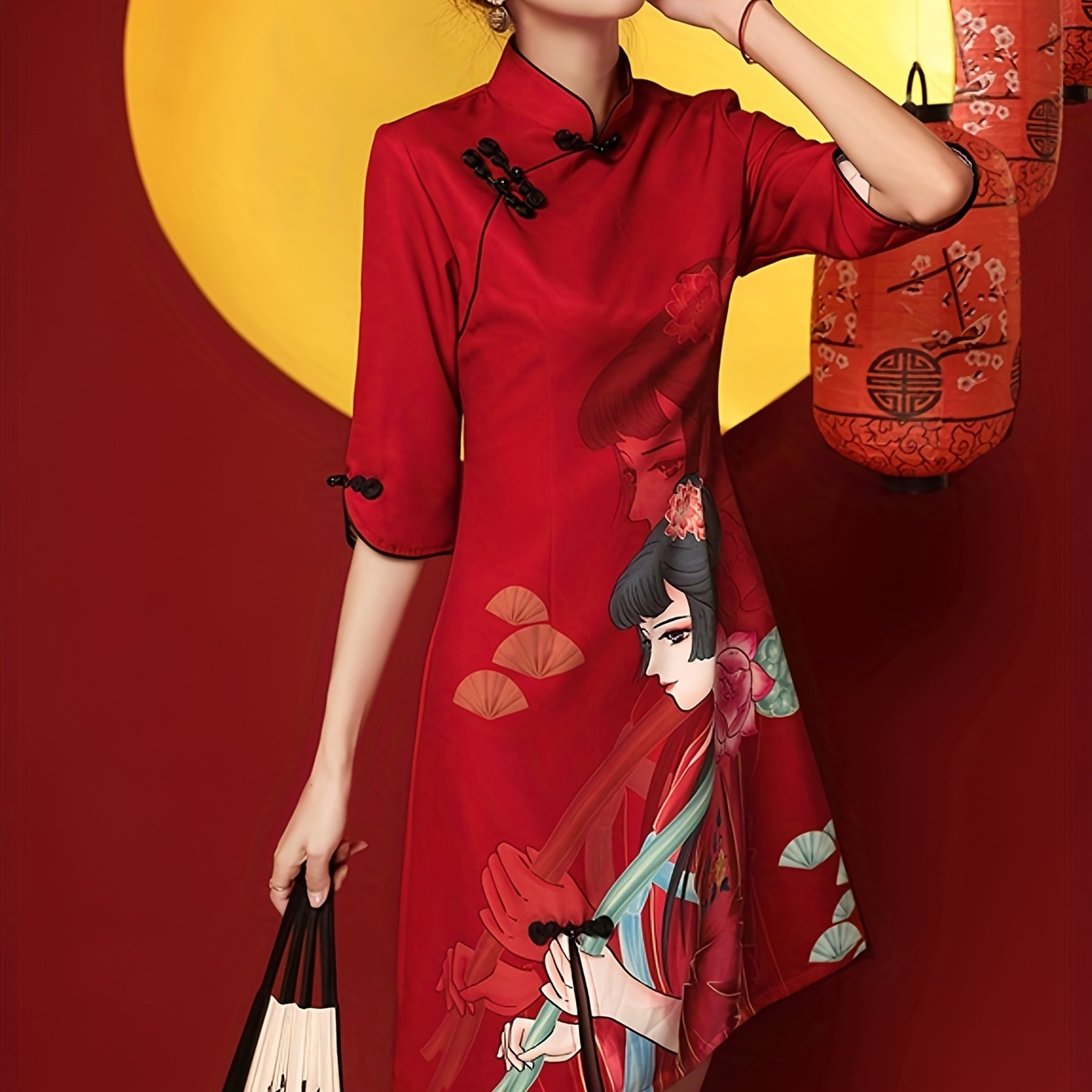 

Girl Print Cheongsam Dress, Vintage Chinese Style Slim Qipao Dress, Women's Clothing