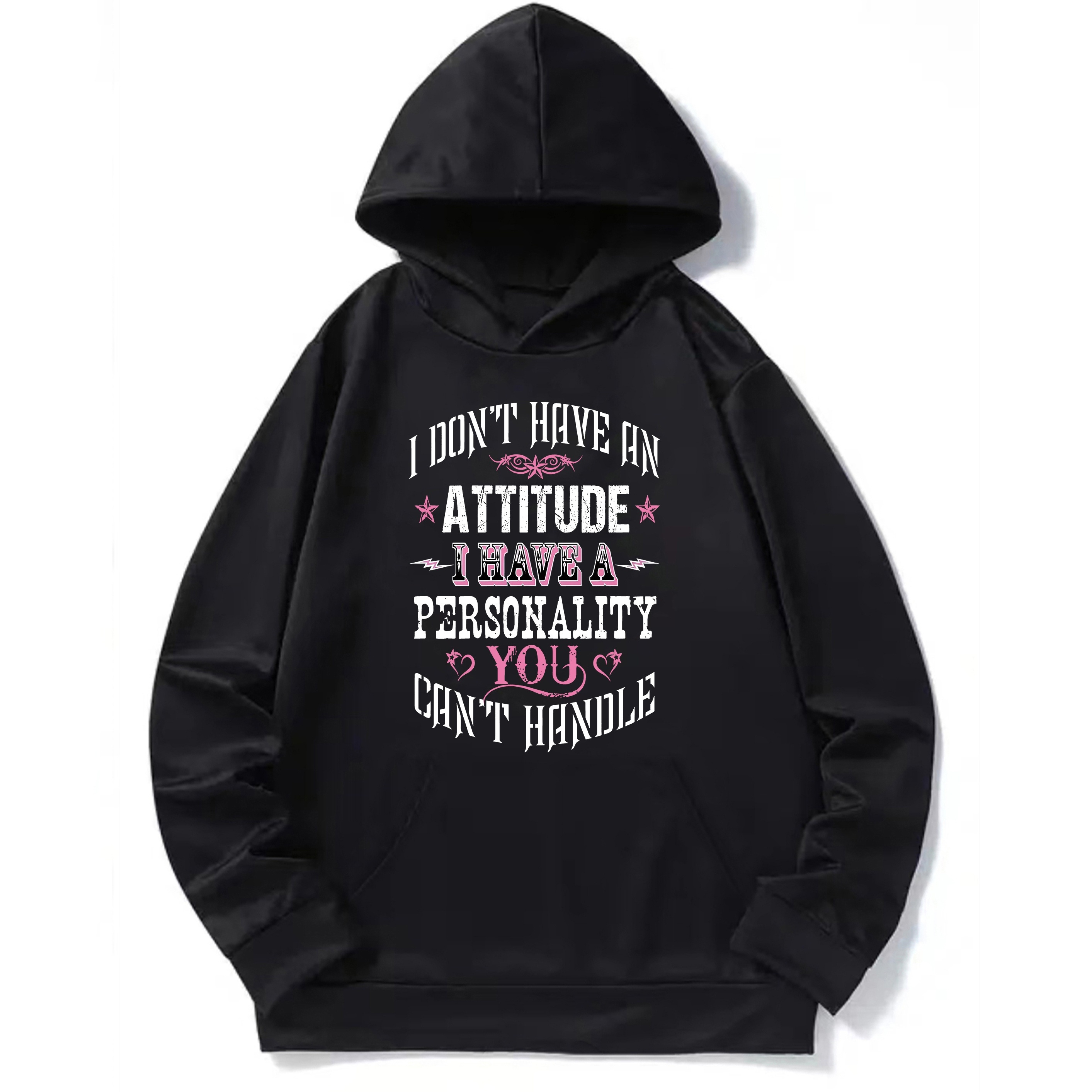 

I Don't Have Attitude Print Men's Punk Style Pullover Round Neck Hoodies With Kangaroo Pocket Long Sleeve Hooded Sweatshirt Loose Casual Top For Autumn Winter Men's Clothing As Gifts