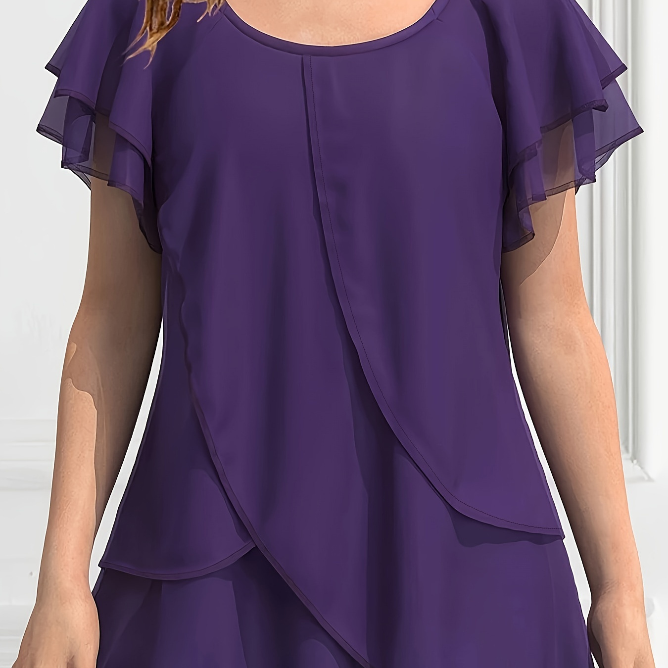 

Ruffle Trim Asymmetrical Solid Blouse, Casual Crew Neck Short Sleeve Blouse For Spring & Summer, Women's Clothing