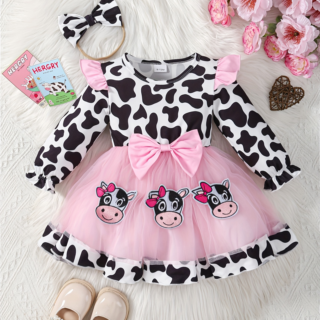 

Baby's Cartoon Cow Patchwork Mesh Splicing Long Sleeve Dress & Bow Headwear, Infant & Toddler Girl's Dress For Daily Wear/holiday/party, As Gift