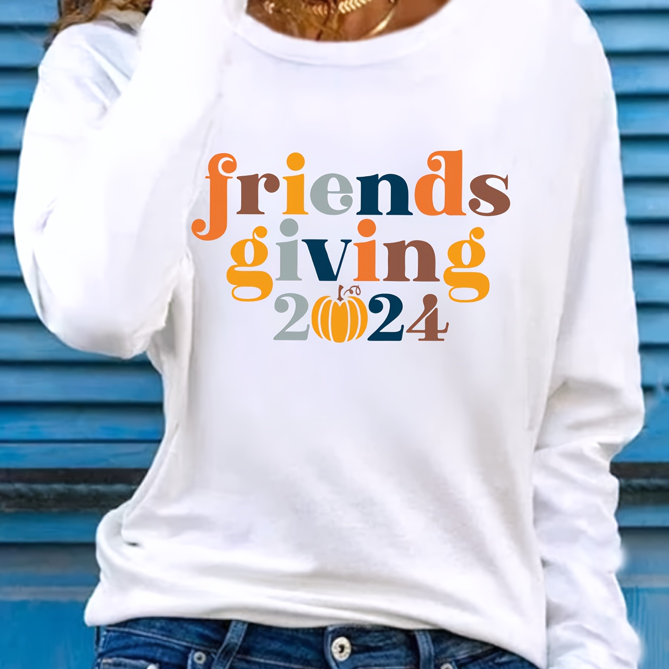 

Fall Casual Long Sleeve T-shirt With Alphabet Print, Polyester Knit Fabric, Round Neck, Regular Fit - Friends 2024 Design