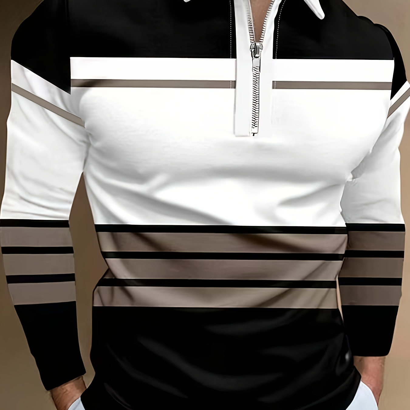 

Color Block Striped Men's Long Sleeve Zipper Lapel Shirt, Men's Stylish Spring Fall Golf Shirt