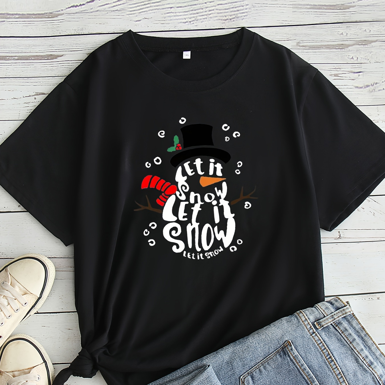 

Plus Size Christmas T-shirt With Snowman Print - Casual Crew Neck Tee With Slight Stretch, Polyester Blend (95% Polyester, 5% Cotton), Knit Fabric For All Seasons