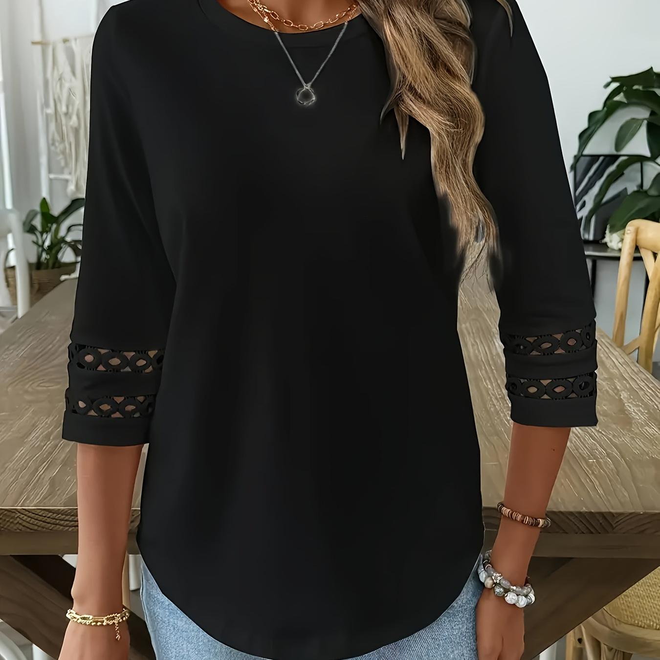 

Plus Size Elegant T-shirt With Contrast Lace Detail, Crew Neck, Polyester Blend With Slight Stretch, Solid Color, Knit Fabric, Suitable For Spring/fall