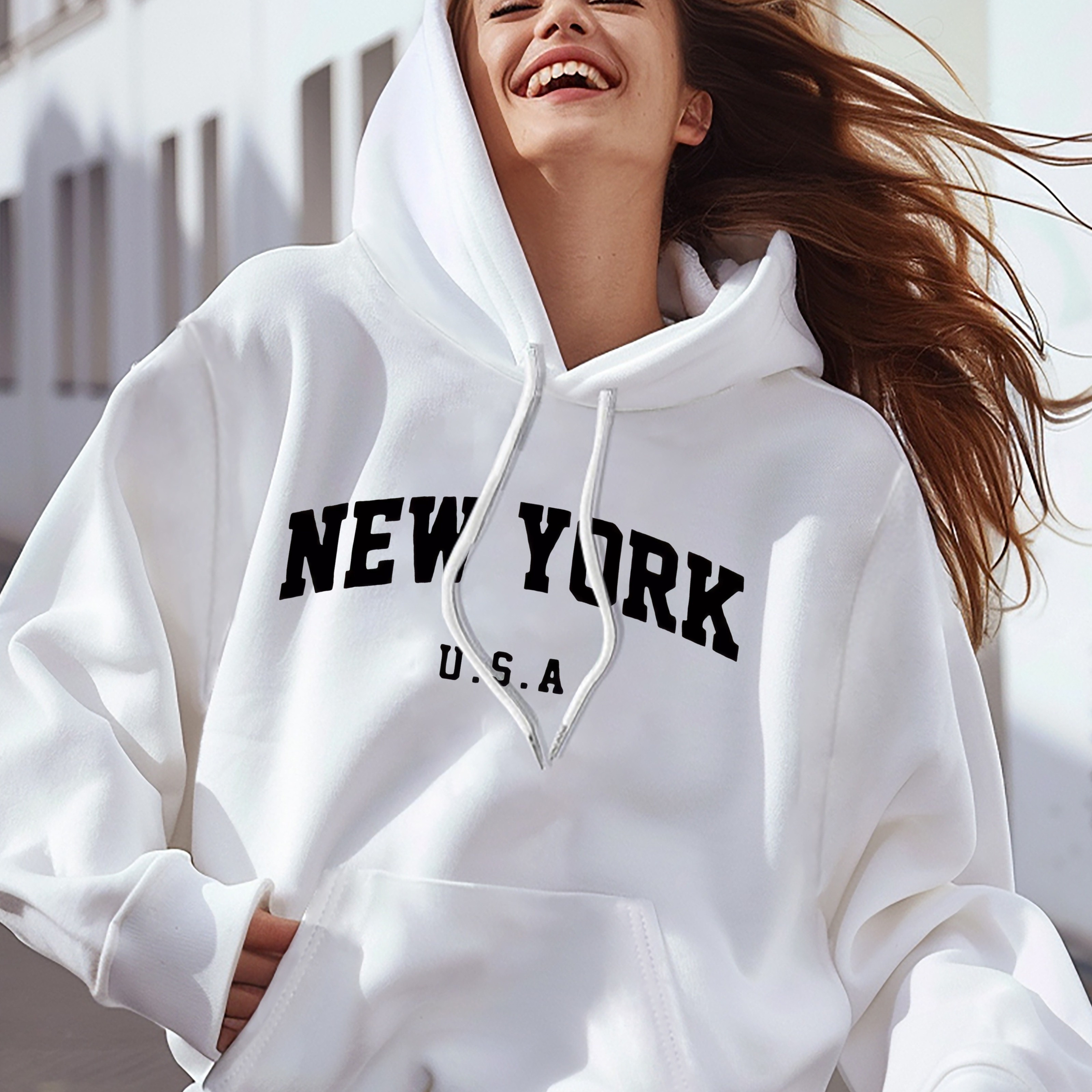 

New York Usa Print Casual Hoodie For Women - 100% Polyester Knit Fabric Hooded Sweatshirt With Pocket, Fall/winter Geometric Alphabet Pattern Hoodie