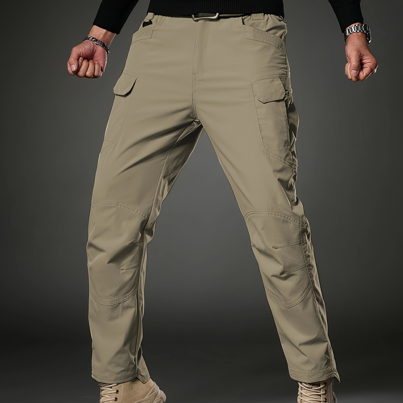 

Men's Casual Tactical Cargo Pants, 100% Polyester Woven Fabric With Stretch, Solid Color Regular Fit With Pockets, Streetwear For Weekend Casual