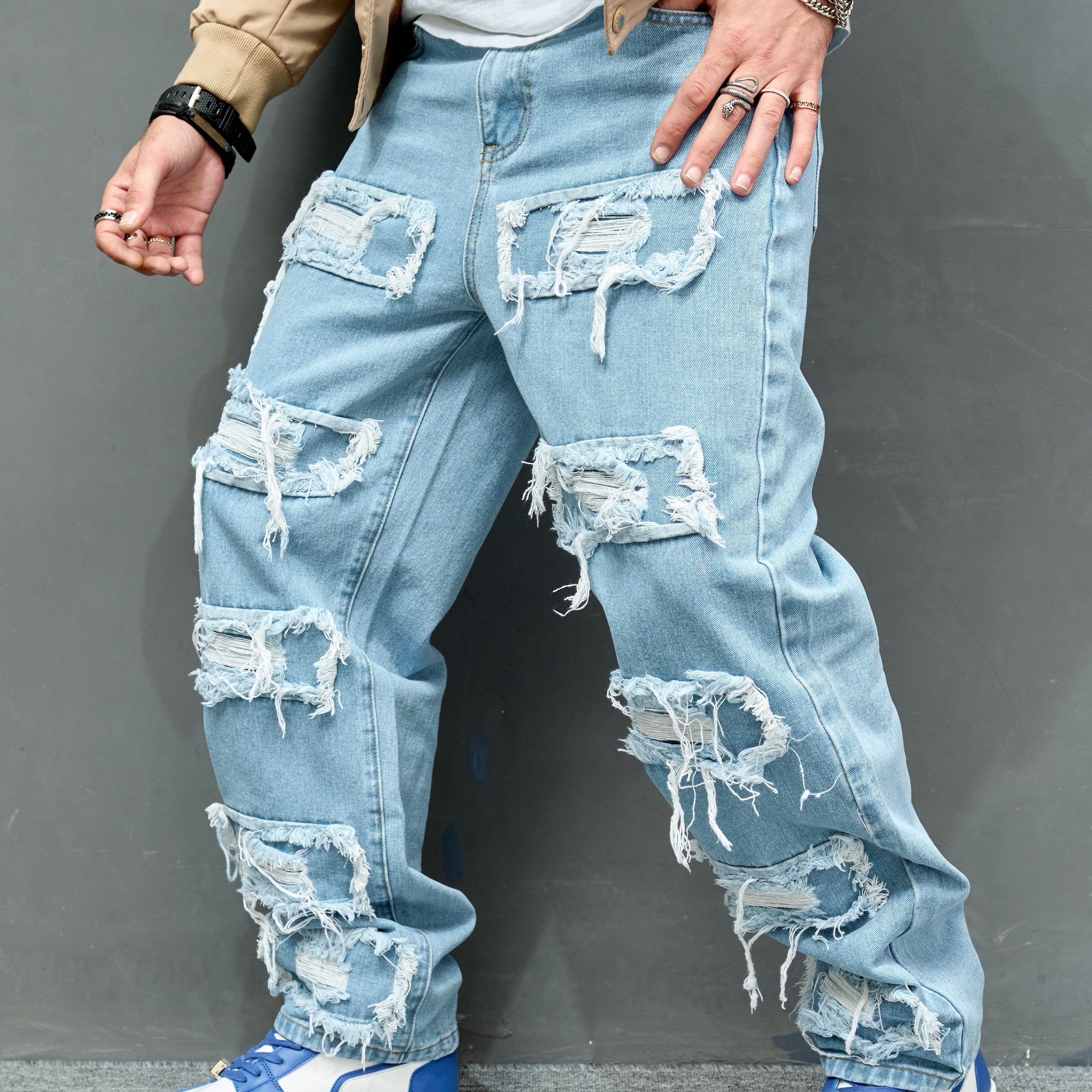 

Novelty Ripped Patched Burlap Fringe Design Jeans, Men's Casual Street Style Loose Denim Pants, Men's Wide Leg Trousers
