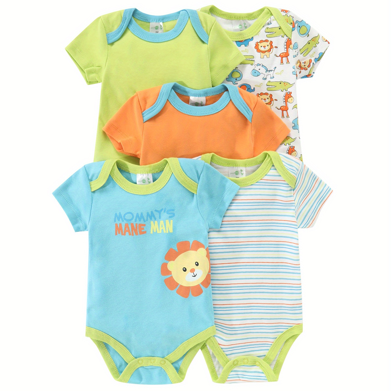 

5pcs Infant Toddler Cotton Rompers, Cute Lion Head Striped Assorted Print Toddler Triangle Bodysuits