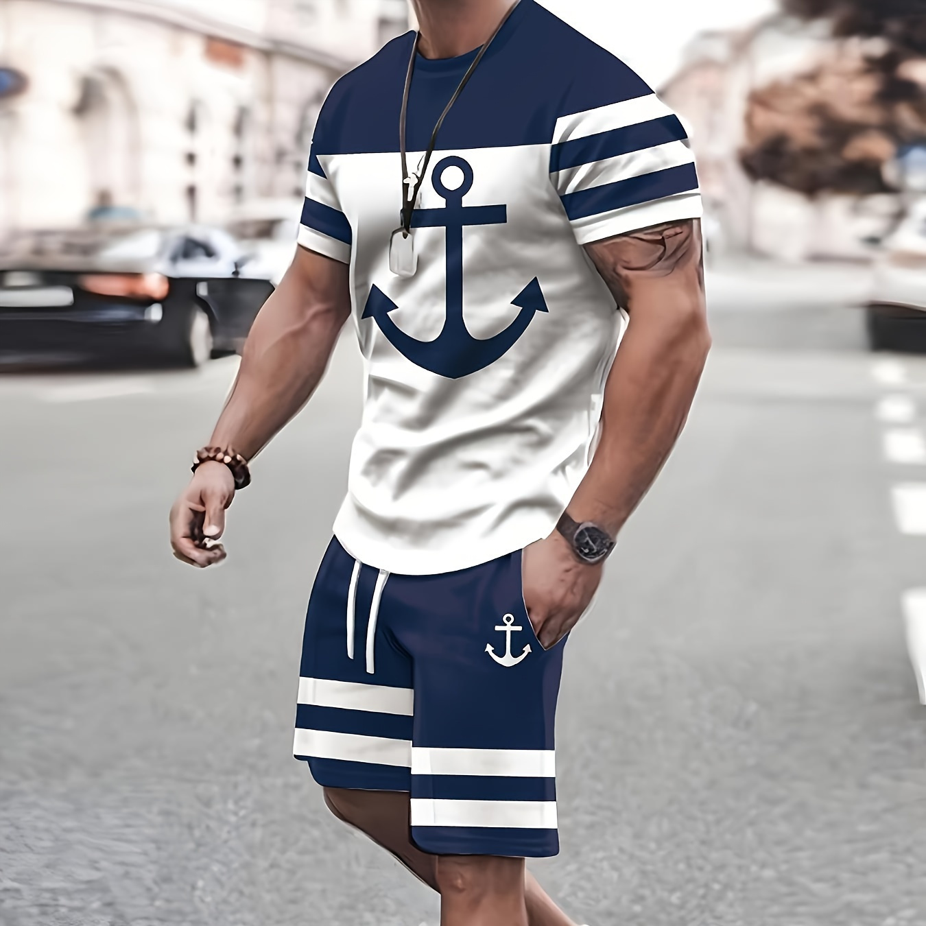 

Men's 2pcs Pirate Anchor Outfit - Navy Short Sleeve T-shirt And Drawstring Shorts Set, Polyester, Machine Washable, Casual Wear Set|pirate Theme Apparel|, Plus Size