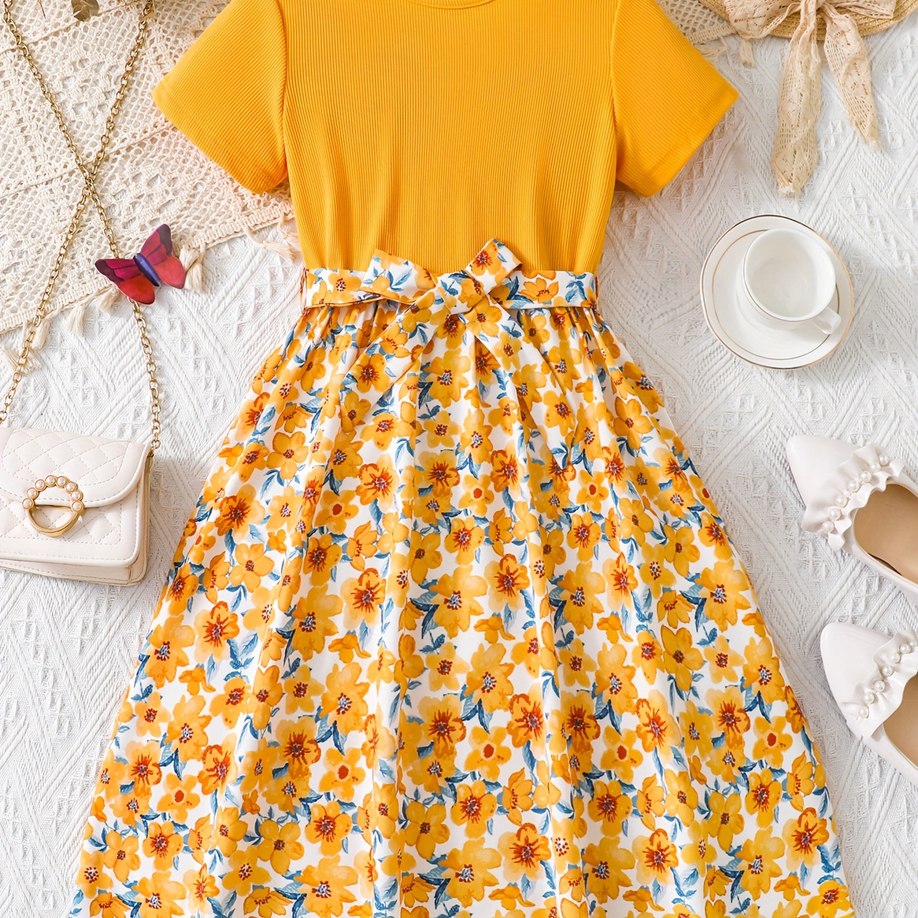 

Sweet Girls Splicing Flower Print Short Sleeve Dress, Casual Floral Dresses For Summer Gift