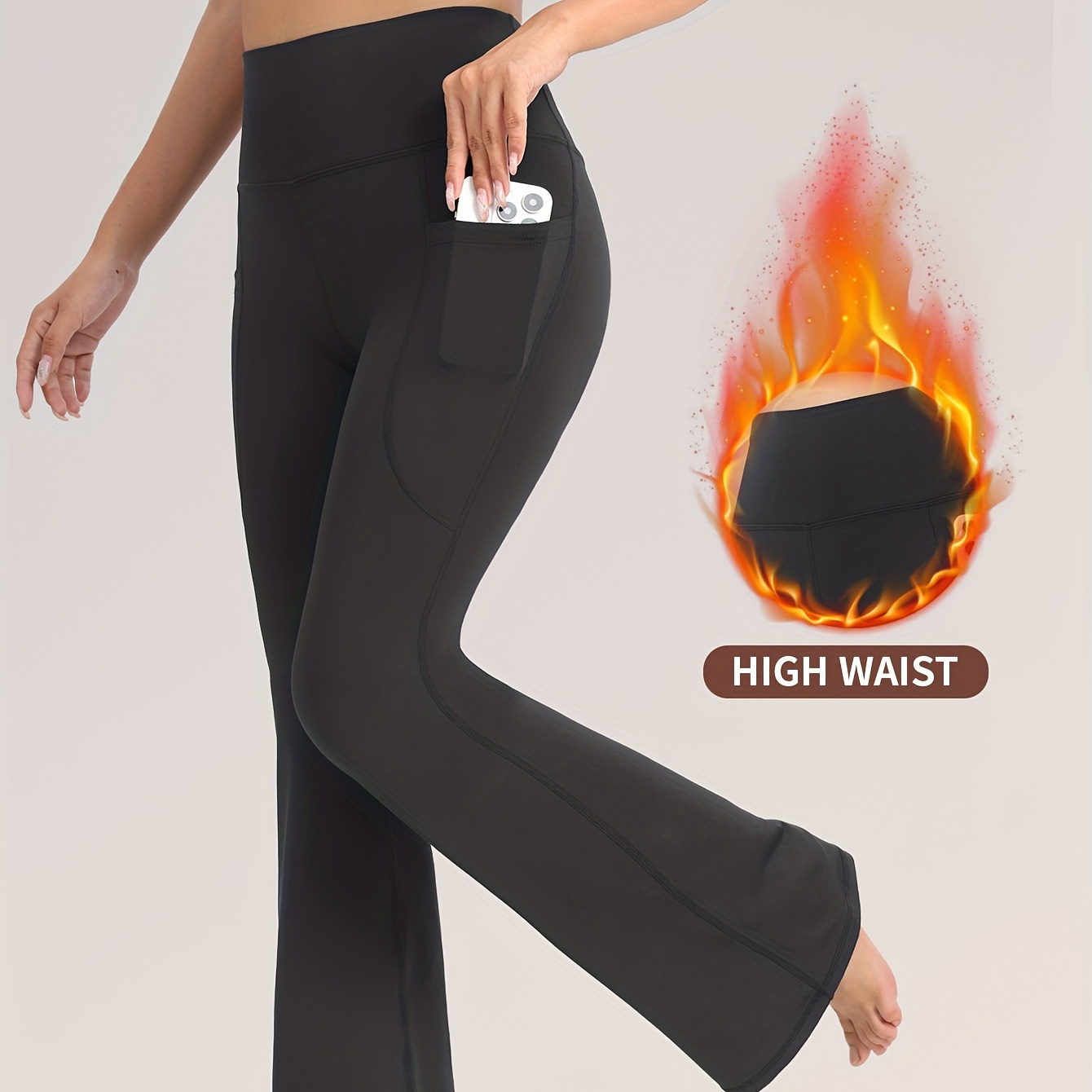 

Women's High Waist Fleece-lined Yoga Pants, Black Flare Leg With Pockets, Casual Sports Joggers, Autumn/winter Warm Stretchy Trousers, Polyester 87% Spandex 13% Knit Fabric, Solid Color