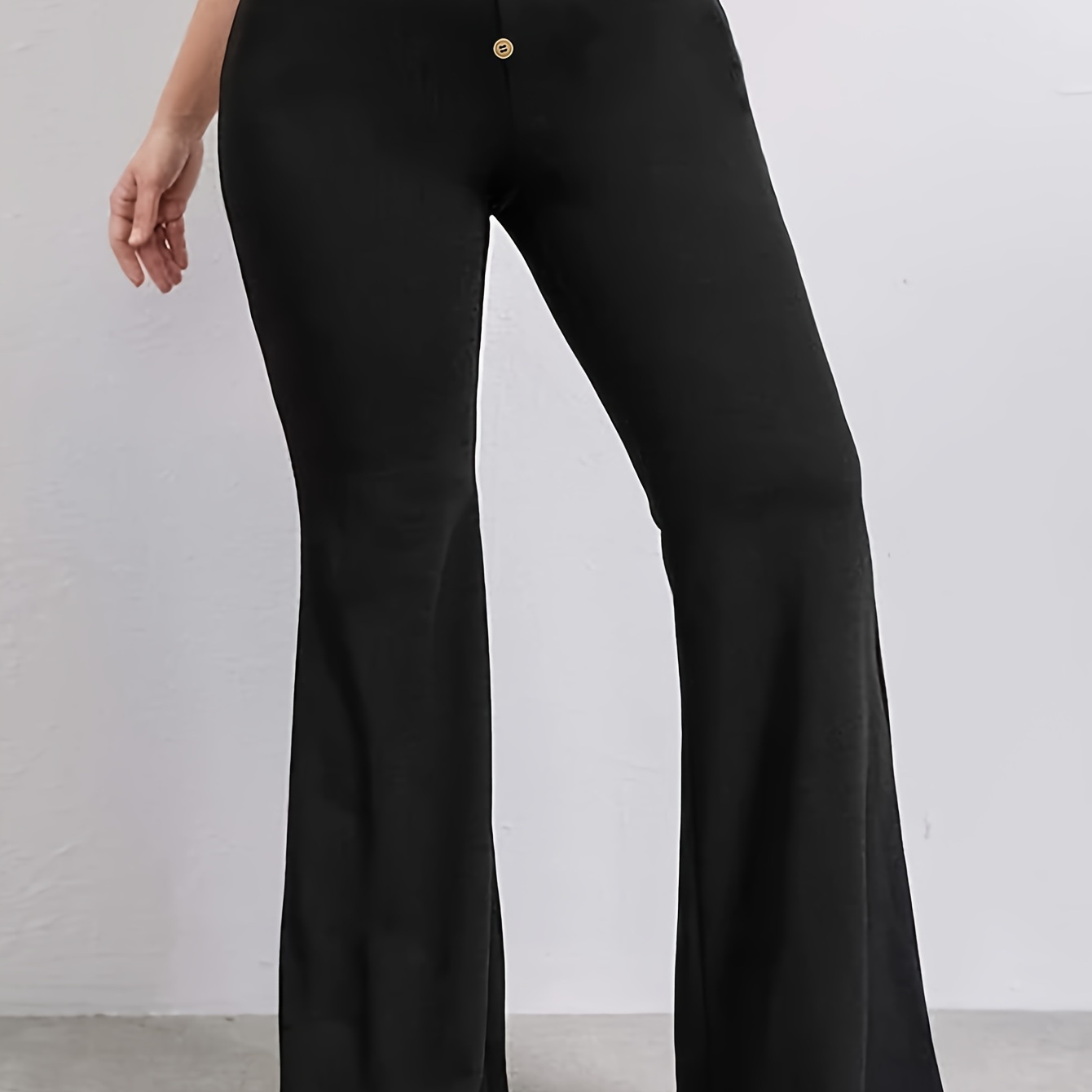 

Plus Size Elegant Pants, Women's Plus Solid High Rise Medium Stretch Flared Leg Trousers