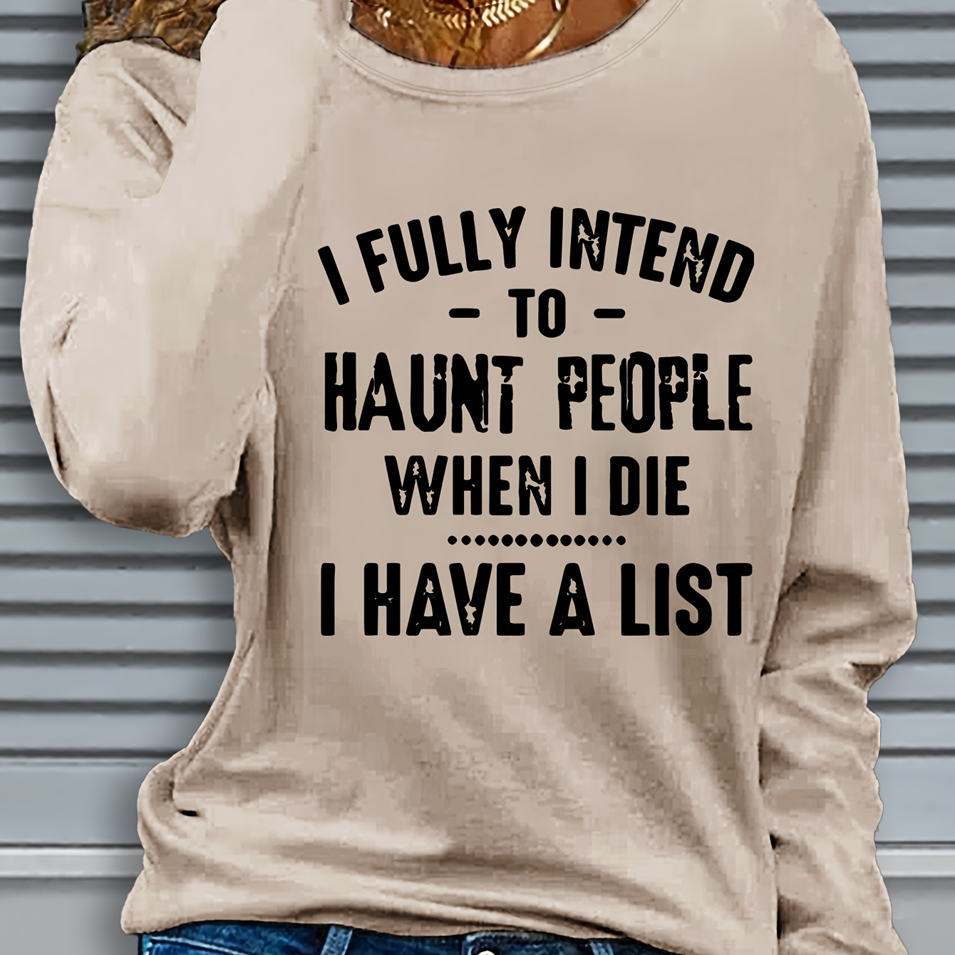 

Women's Polyester Long Sleeve Crew Neck T-shirt, Casual Knit Fabric Top With Slight Stretch, Regular Fit, With "i Fully To People When I Die" Letter Print, For Fall/winter