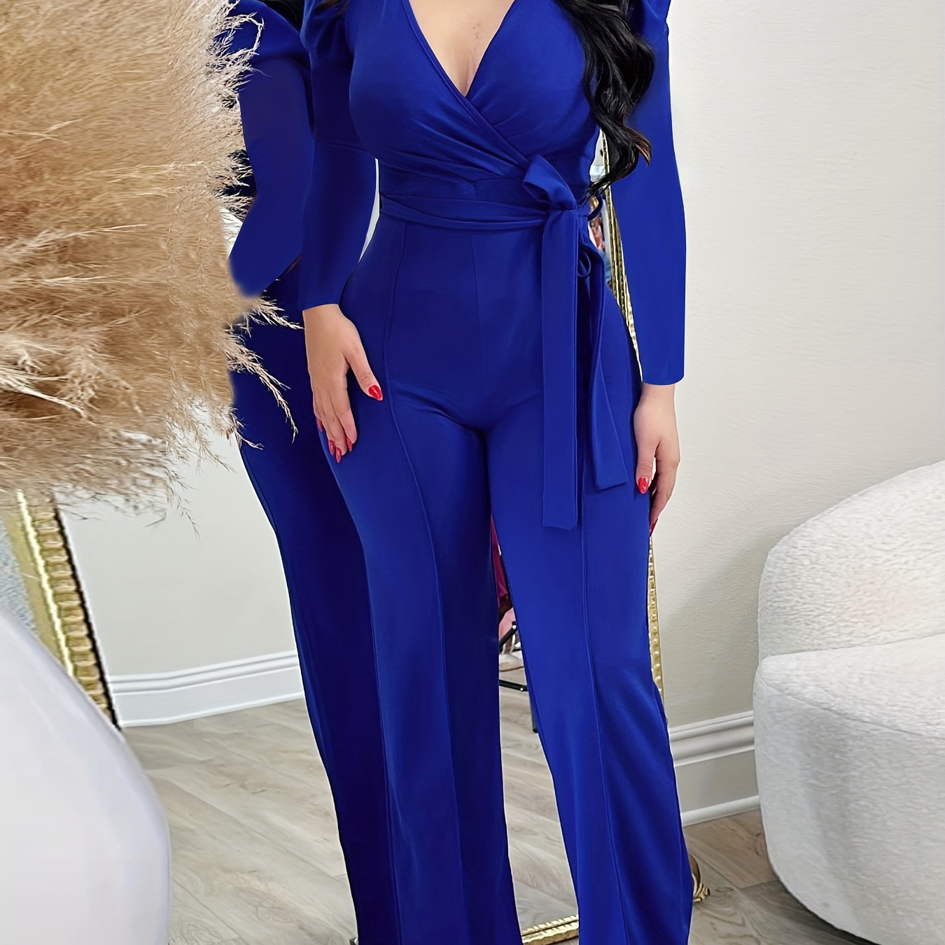 

Chic V-neck Jumpsuit With Belt - Casual Solid Color, Long Sleeve, Spring/fall Vacations - Machine Washable