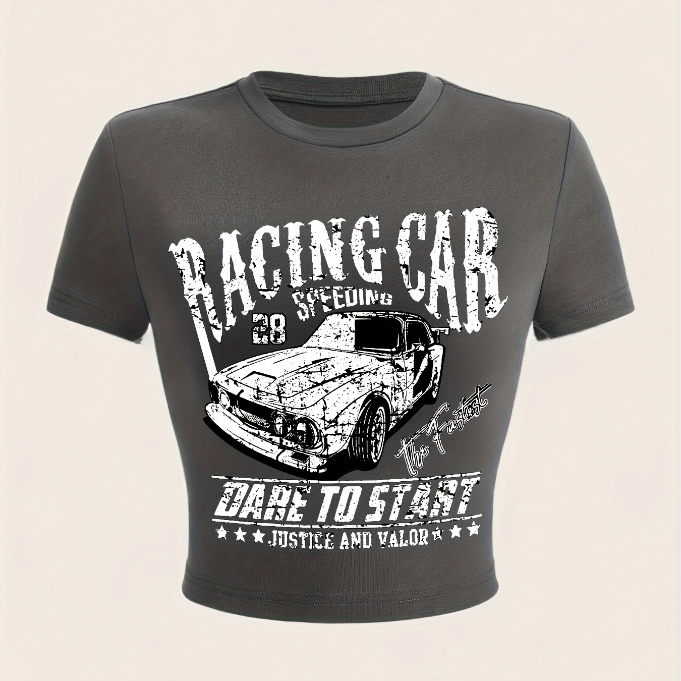 

Racing Car Print T-shirt, Casual Short Sleeve Crew Neck Crop Top For Spring & Summer, Women's Clothing