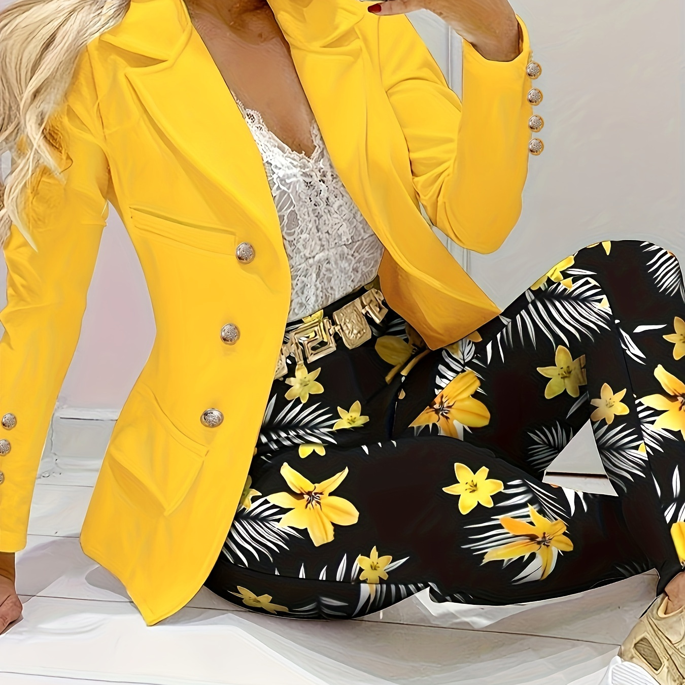 

Elegant Floral Print Suit Set, Double-breasted Long Sleeve Lapel Blazer & High Waist Slim Pants For Spring & Fall, Women's Clothing