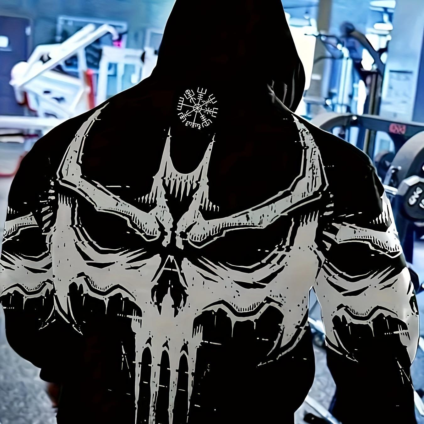 

1pc Men's Plus Size Hoodie, Geometric Skull Print, Casual Fashion, Polyester Knit Fabric, Regular Fit, Non-transparent, With Hood