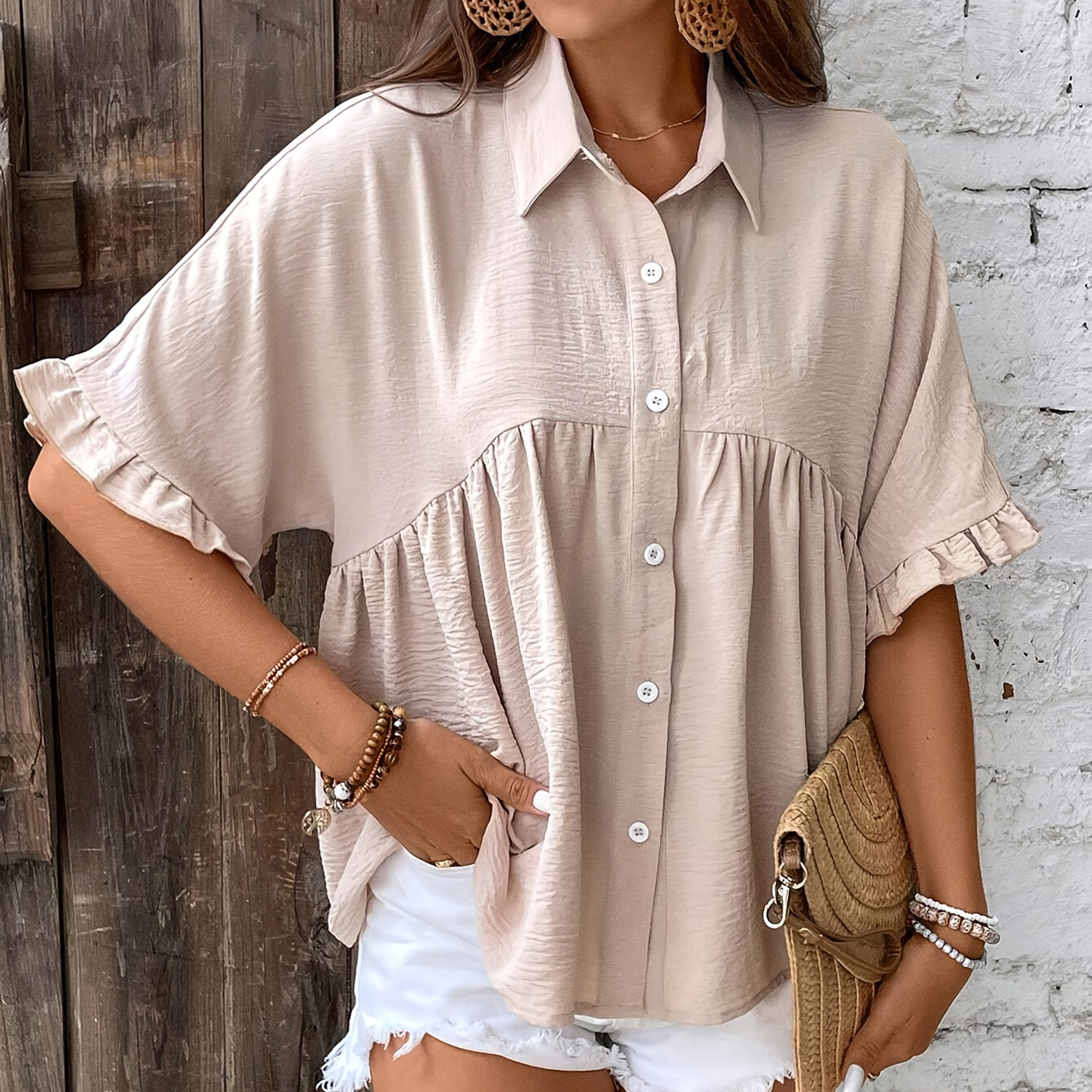 

Solid Button Front Ruched Blouse, Casual Short Batwing Sleeve Ruffle Trim Top For Spring & Summer, Women's Clothing