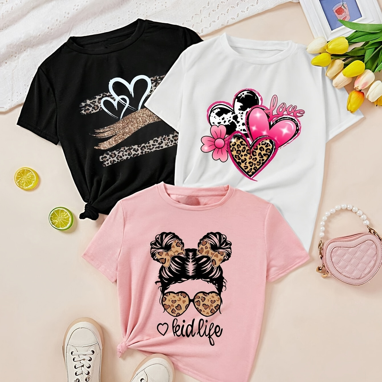 

3pcs Heart Print T-shirt, Short Sleeve Crew Neck Casual Top For Summer & Spring, Women's Clothing