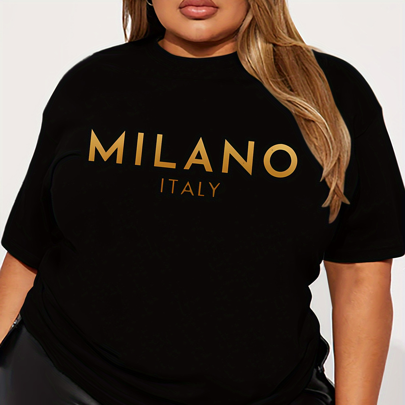 

Plus Size Letter Milano Print T-shirt, Casual Short Sleeve Top For Spring & Summer, Women's Plus Size Clothing