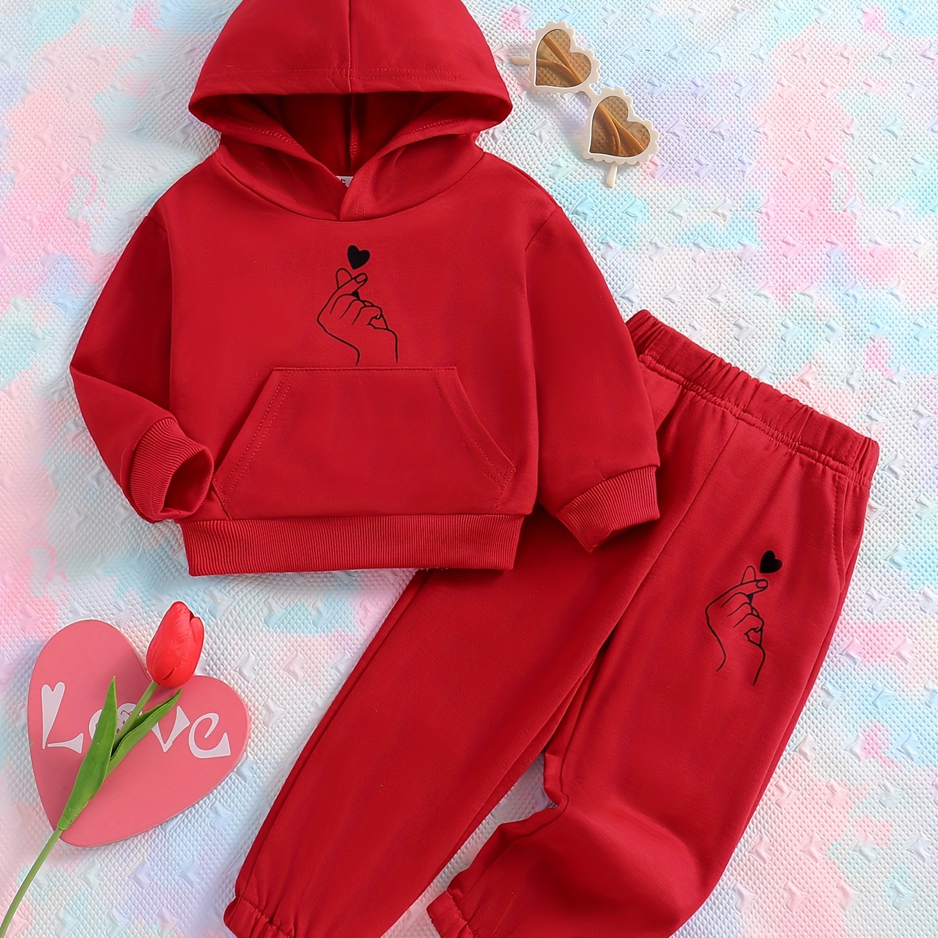

Girl's Heart Gesture Print 2pcs, Hoodie & Sweatpants Set, Solid Color Casual Outfits, Kids Clothes For Spring Fall