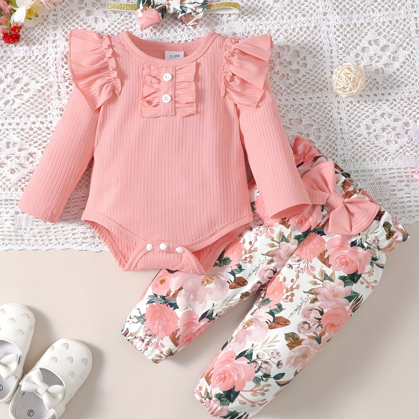 

Cute Baby 3pcs Outfits - Floral/leopard Pants & Ruffle Long Sleeve Infant Romper & Headband Set