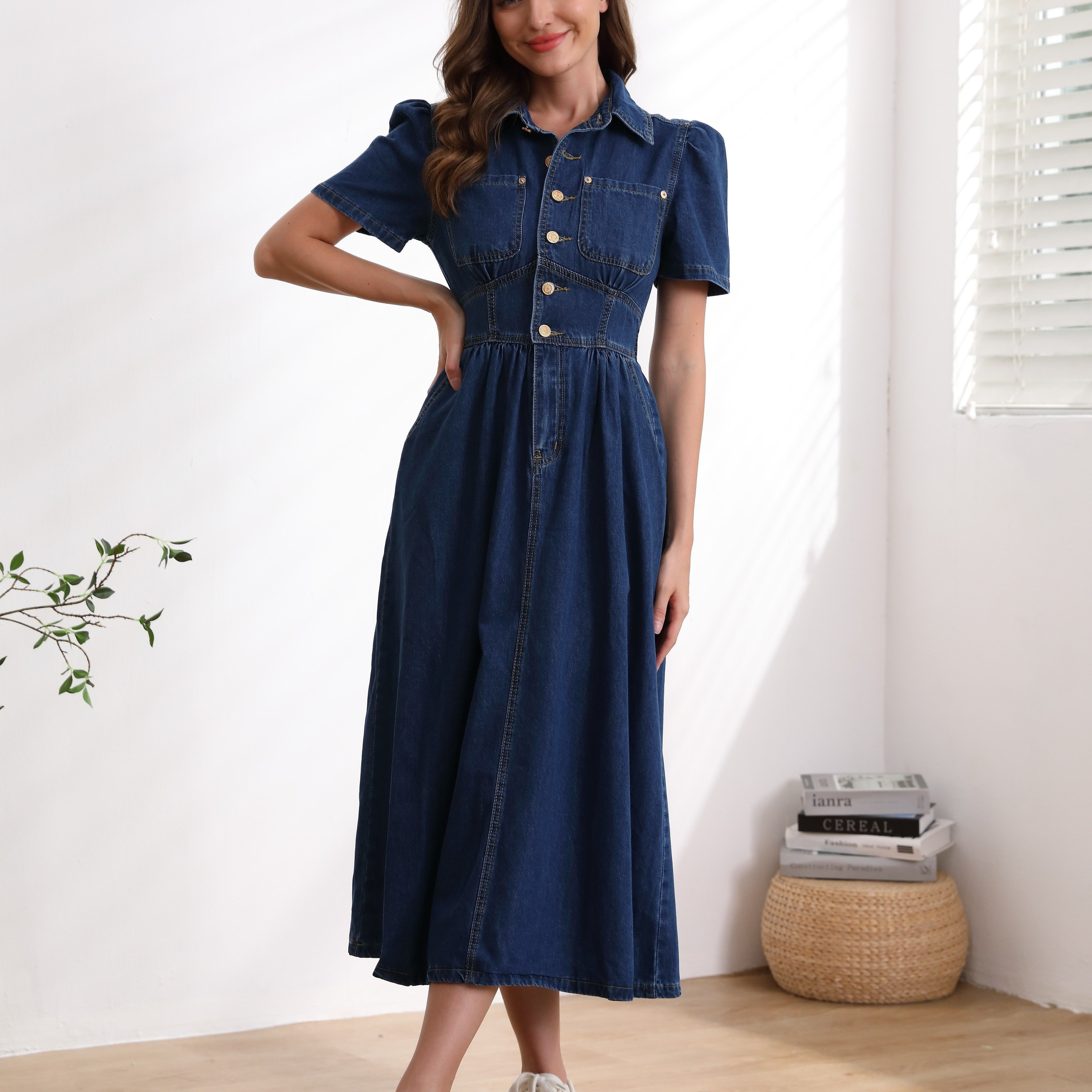

Plain Dark Washed Blue Single-breasted Elegant Retro Style Short Sleeve Denim Dress, Women's Denim Jeans & Clothing