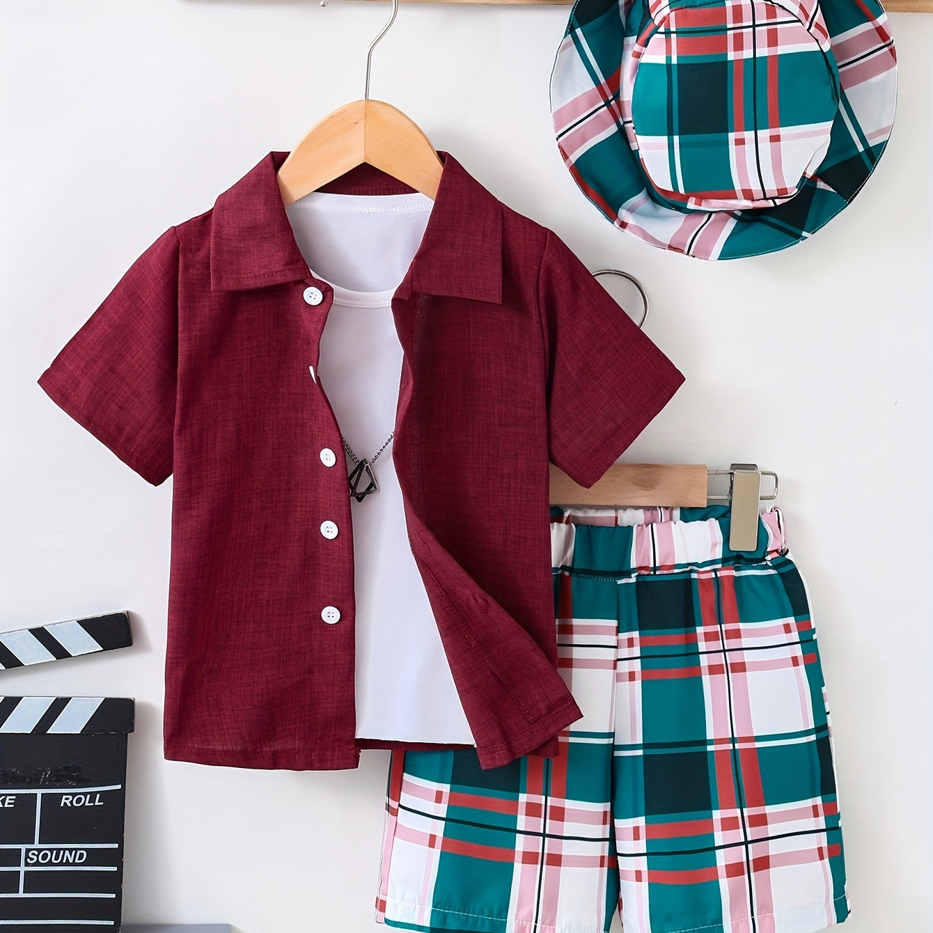 

Boys Summer Casual Outfit, 3-piece Set With Solid Color Shirt, Plaid Shorts & Matching Hat, Comfortable & Stylish Suit For Boys