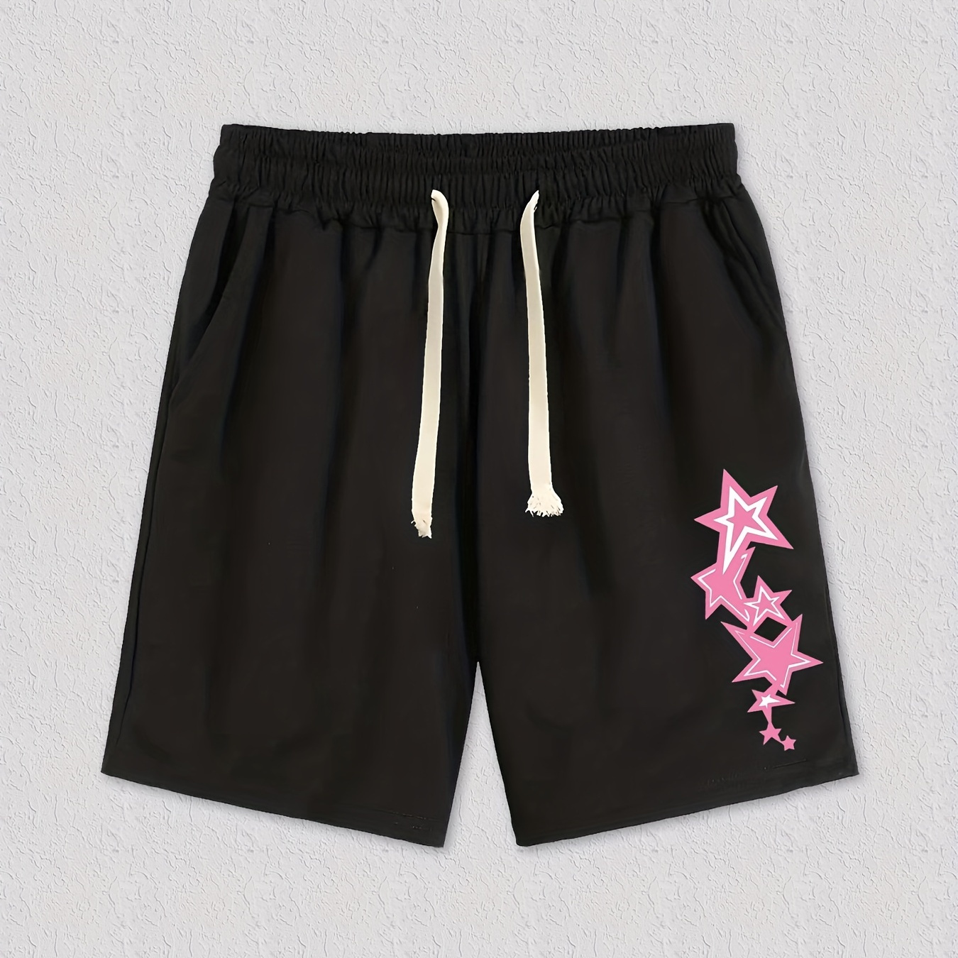 

Pink Stars Pattern Print Men's Casual Loose Pocket Elastic Waist Drawstring Shorts, Workout Gym Shorts For Outdoor Sports Running Summer Clothing