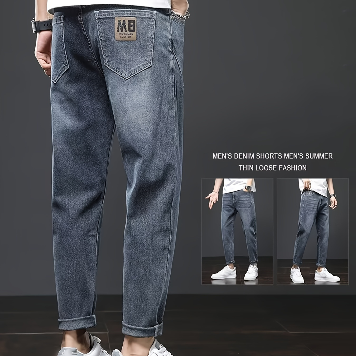 

Men's Solid Denim Cropped Pants With Pockets, Causal Cotton Blend Slim-fit Jeans For Outdoor Activities