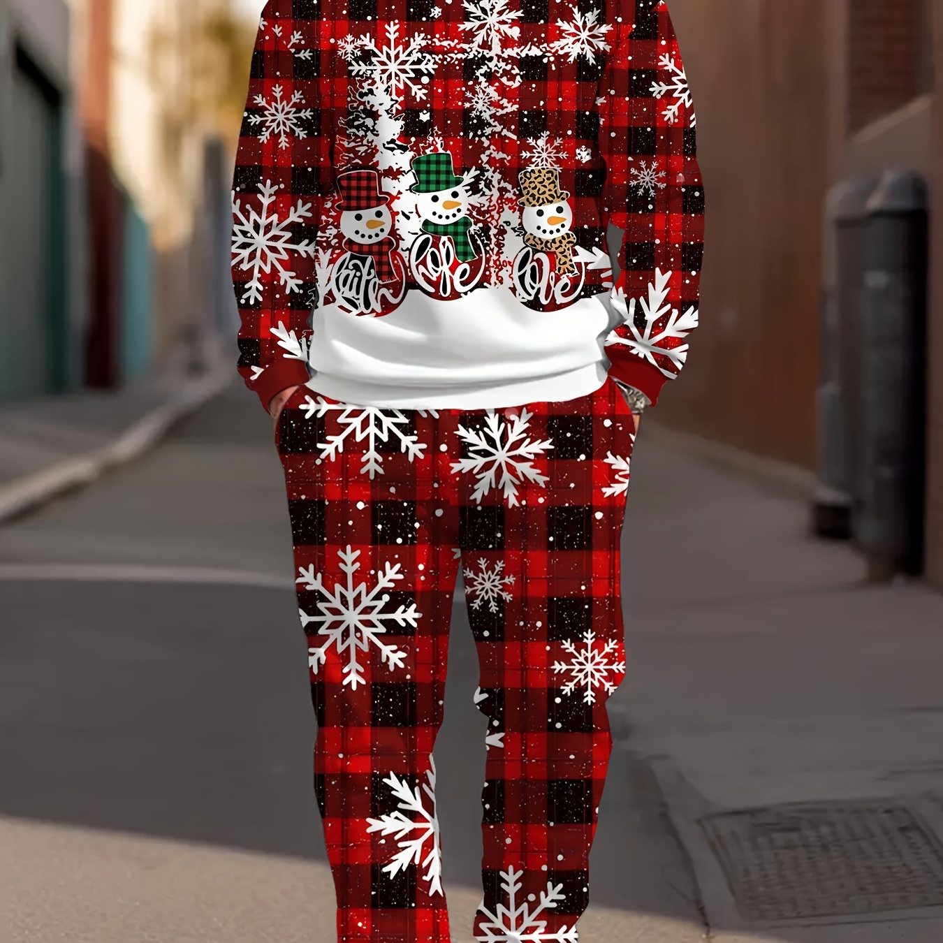 

Men's Christmas Sweatshirt And Pants Set, Casual Round Neck Knit Fabric, Full-print Snowman Design, Polyester 100% - Fall/