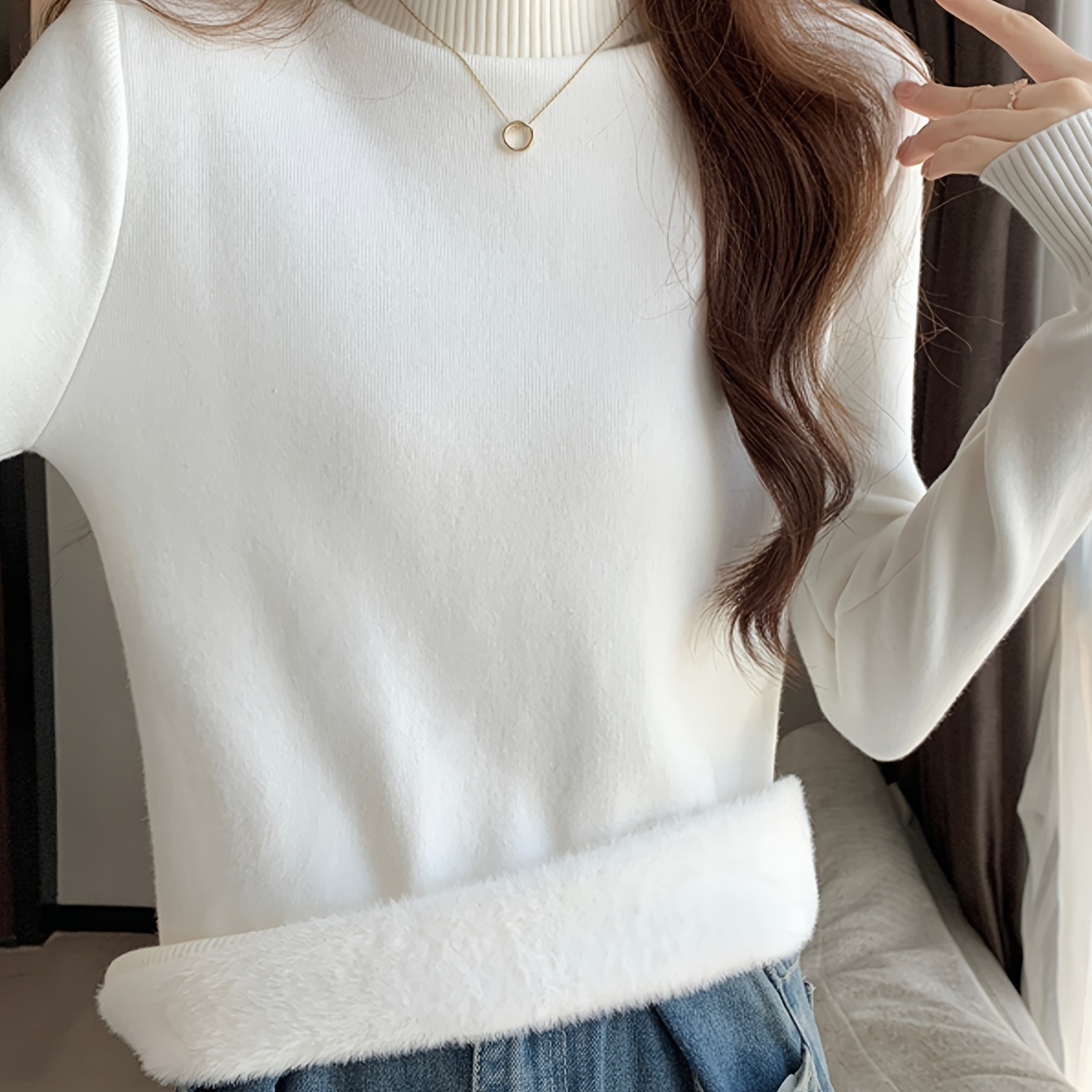 

Winter 2024 Korean Style Viscose Pullover Sweater - High Neck Solid Color Knit Top For Casual Wear