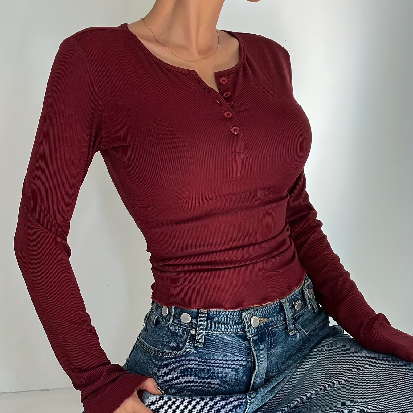 

Solid Color Henley Neck Slim T-shirt, Casual Long Sleeve T-shirt For Spring & Fall, Women's Clothing