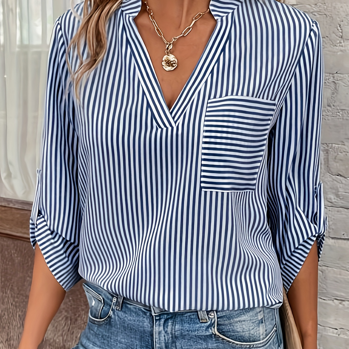

Stripe Print V Neck Blouse, Casual Long Sleeve Blouse For Spring & Fall, Women's Clothing