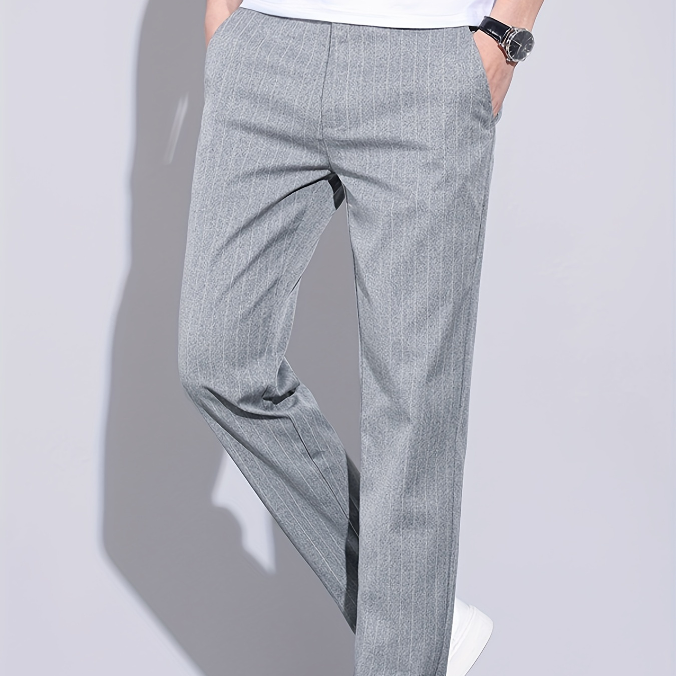 

Light Business Style Men's Striped Design Slim Fit Business Slacks For Spring And Fall