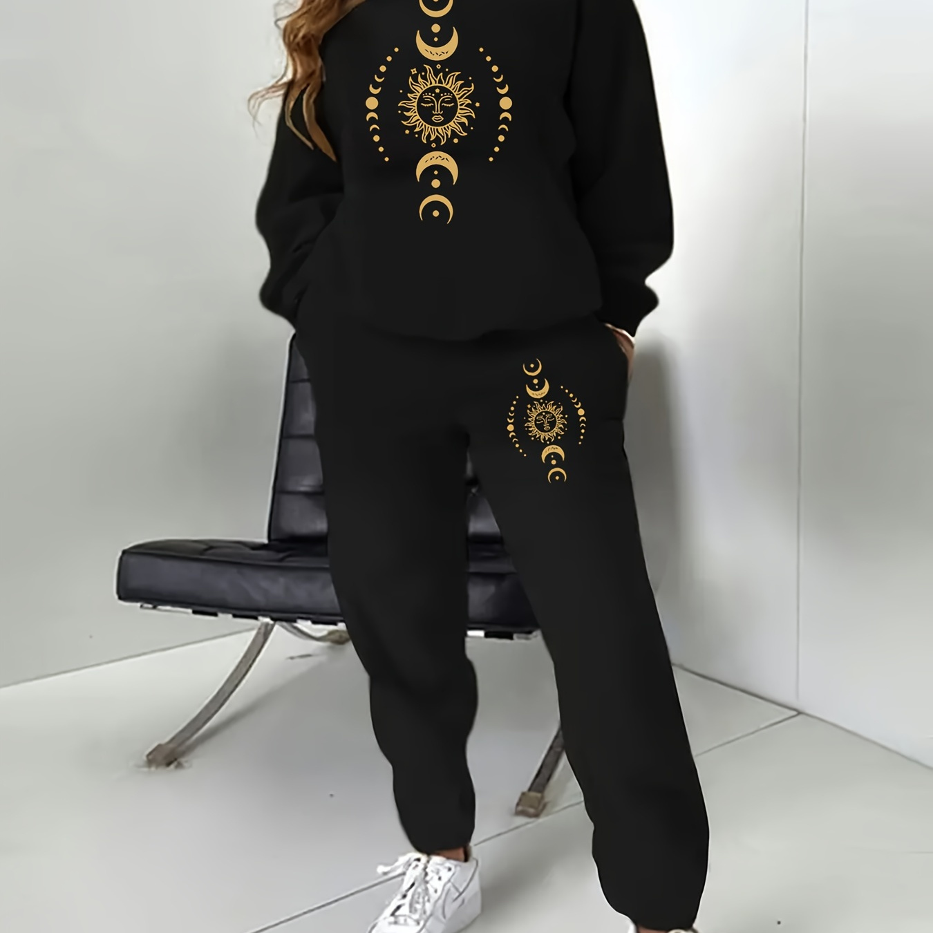 

Plus Size Moon Print Two-piece Set, Casual Crew Neck Long Sleeve Sweatshirt & Sweatpants Outfits, Women's Plus Size Clothing