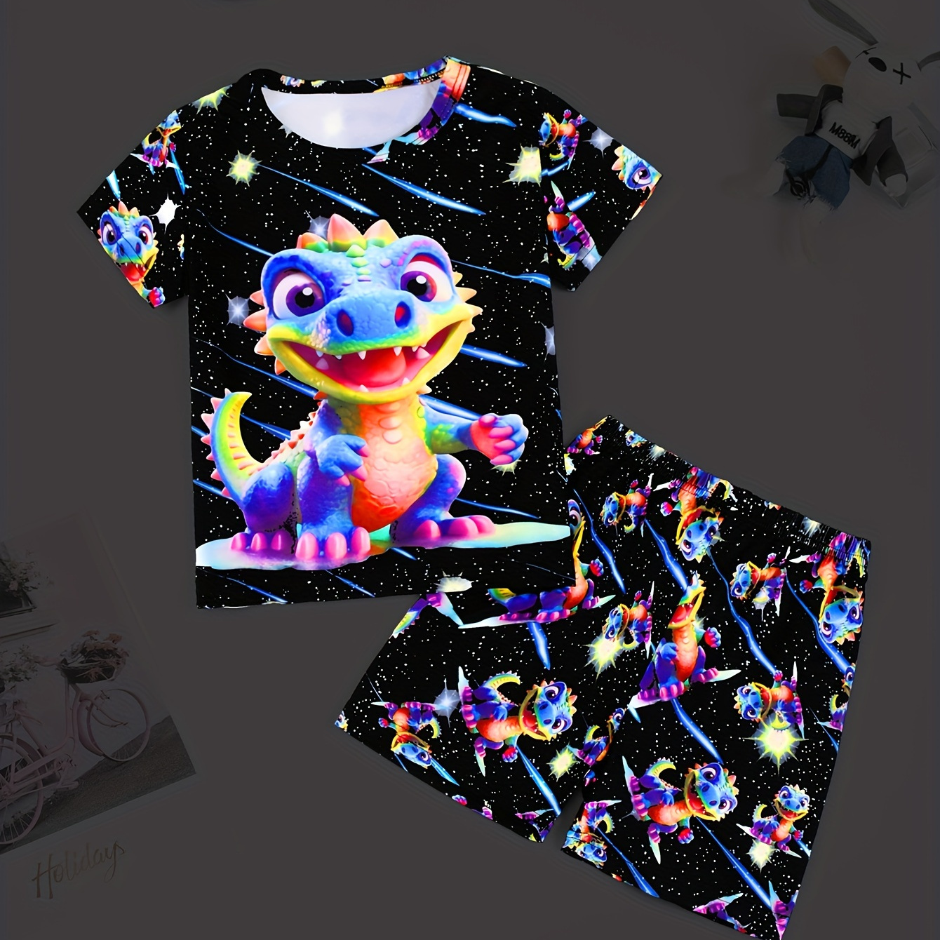 

2pcs Boys Summer Loungewear Set – 3d Cartoon Dinosaur Print Short Sleeve Crew Neck Top & Short Set, Cool Pattern Comfy Pj Set, Kids' Cozy Sleepwear Outfit