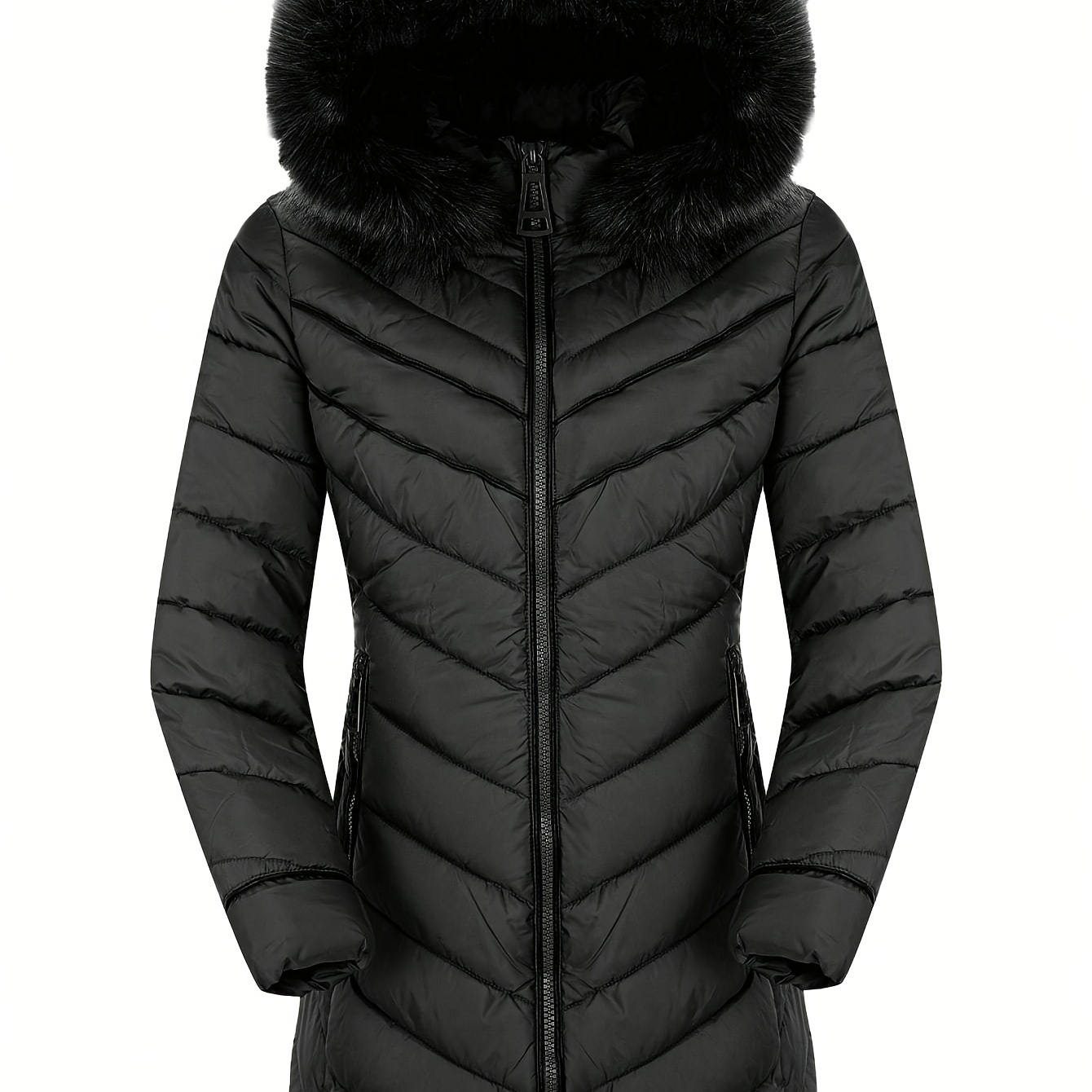 

Zip-up Faux Fur Trim Hoodie Puffy Coat, Casual Thermal Long Sleeve Coat For Fall & Winter, Women's Clothing