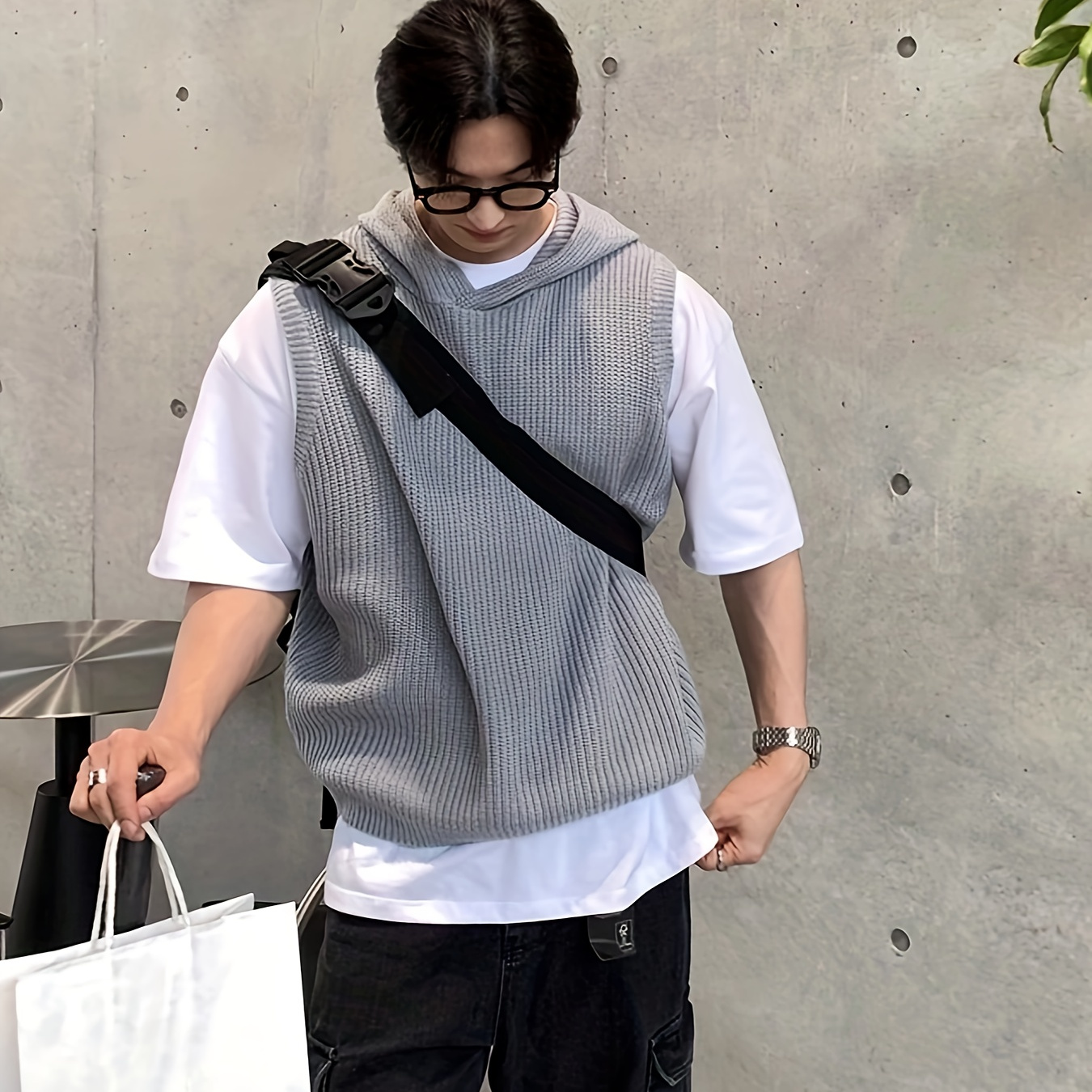 

Men's Striped Knitted Sleeveless Sweater, Casual Hooded Vest For Summer Outdoor Activities