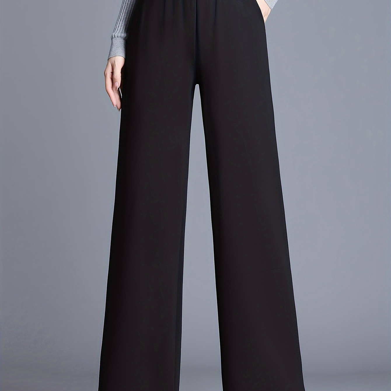 

Solid Color Loose Waist Wide Leg Pants, Slant Pocket Autumn And Winter All Wearable Wide Leg Pants, Knit, Fashion Elegant