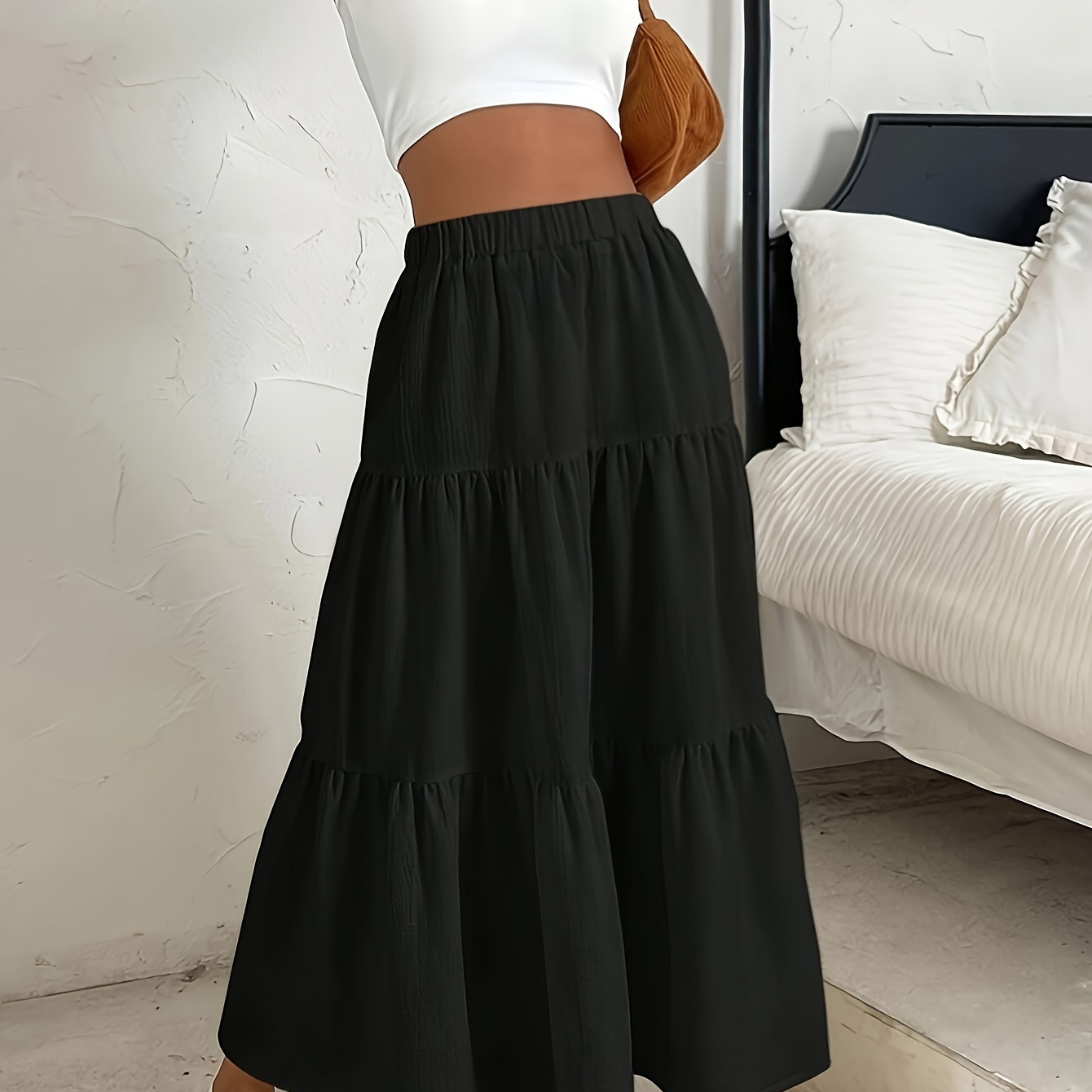 

Ruffle Hem Ruched Skirt, Elegant Solid Elastic Waist Skirt For Spring & Summer, Women's Clothing