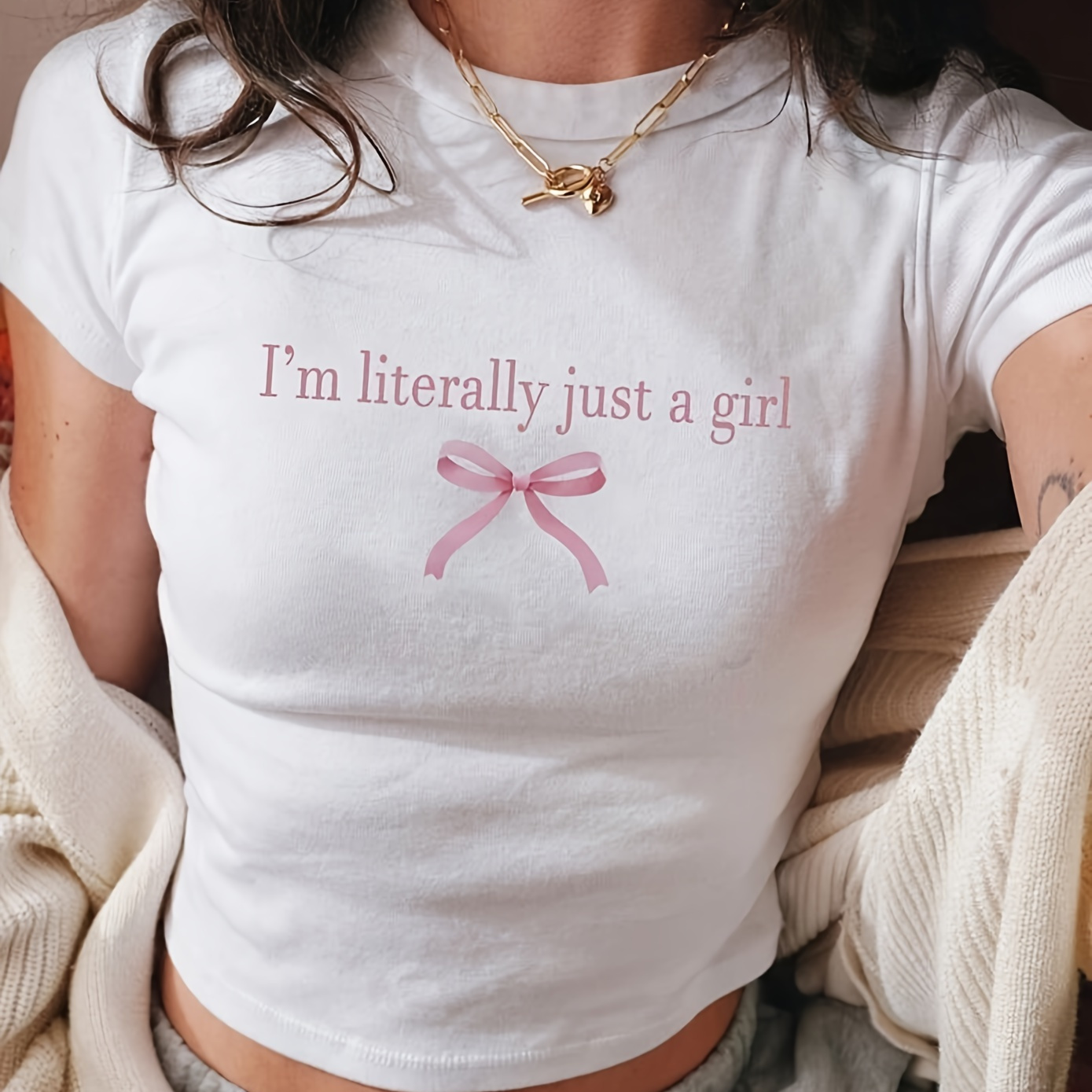 

I'm Literally Just A Girl Bow Print T-shirt, Y2k Crew Neck Short Sleeve Crop T-shirt For Spring & Summer, Women's Clothing