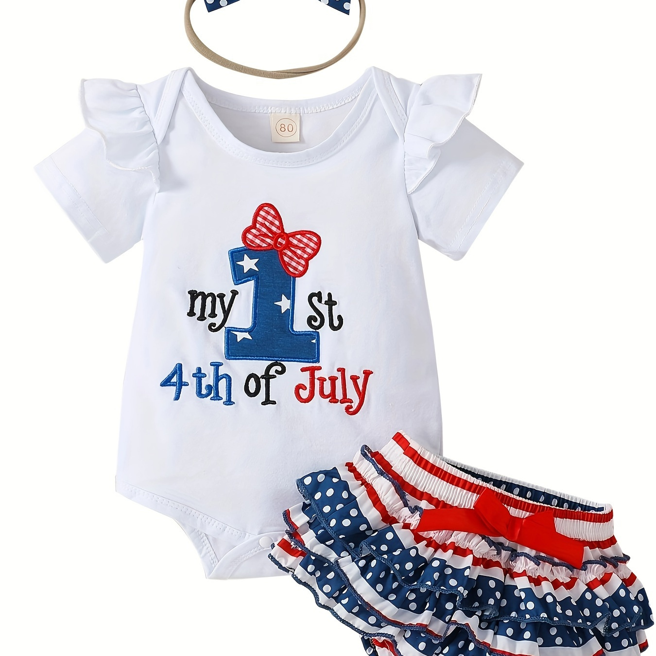 

Baby's "my 1st 4th Of July" Embroidered 2pcs Independence Day Outfit, Short Sleeve Triangle Onesie & Layered Shorts Set, Toddler & Infant Girl's Clothes
