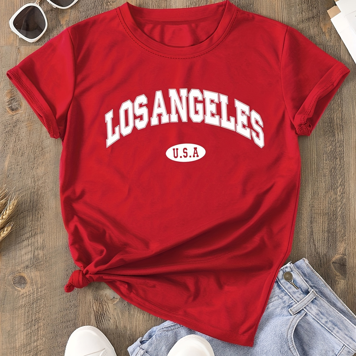 

Women's Casual Los Angeles Alphabet Print T-shirt, Short Sleeve Crew Neck, Summer Knit Polyester Top With 5% Elastane, Regular Length - Black